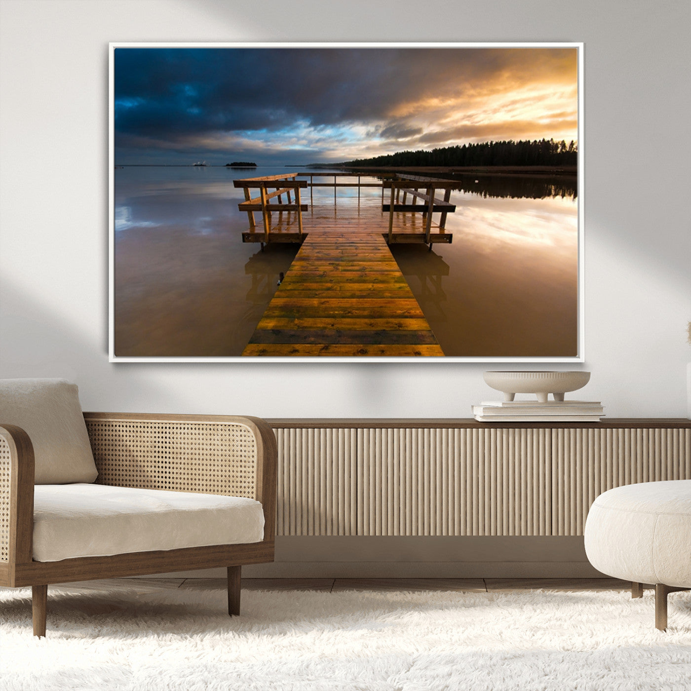 77616-MGV-FC-36X24_White-Serene Lake Pier at Sunset Canvas Print | Landscape Canvas Print | Ready to Hang and Framed Wall Art