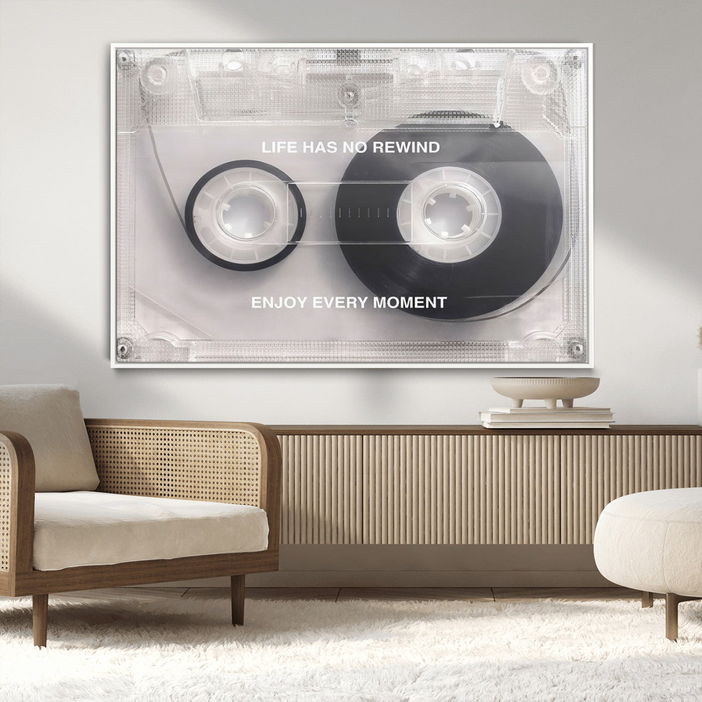 -Vintage Cassette Tape Canvas Wall Art - Inspirational 'Life Has No Rewind' Quote, Retro Music Decor