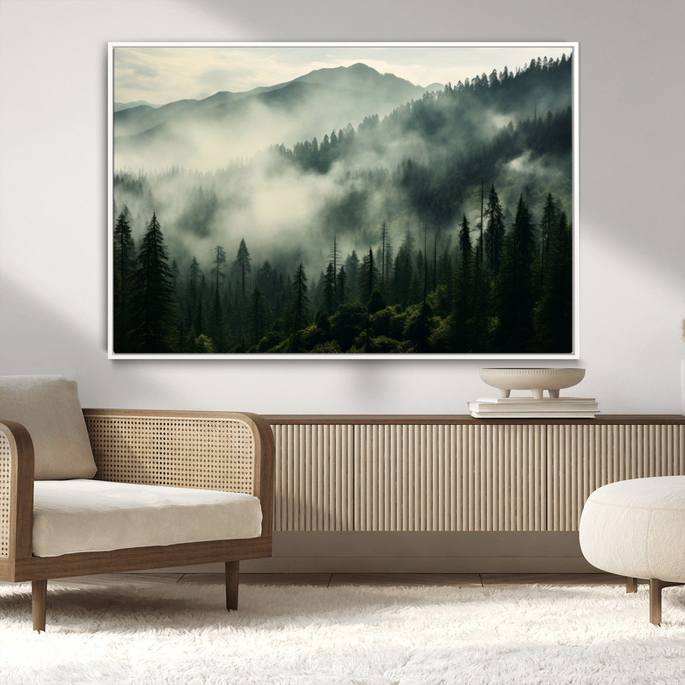 -Captivating Misty Forest Wall Art Premium Canvas Print a Foggy and Serene Atmosphere