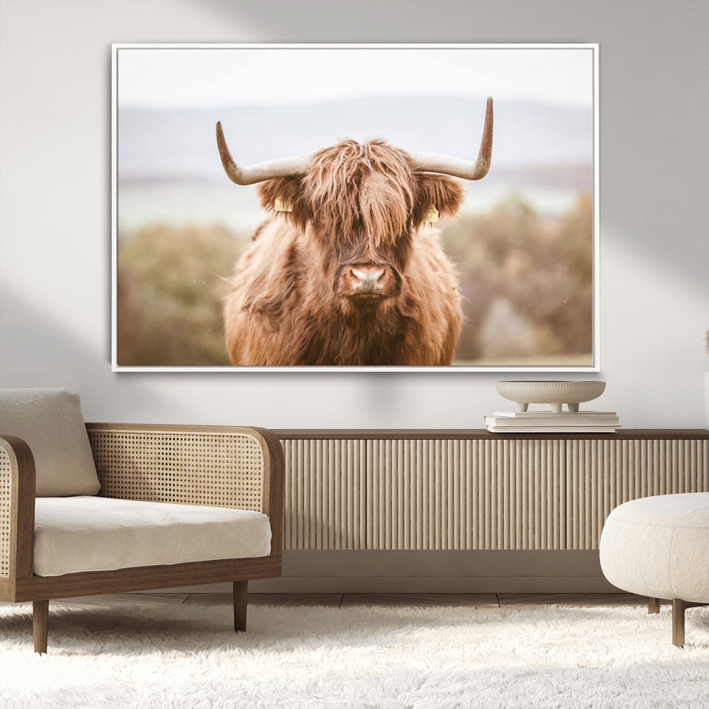 61584-MGV-CV-60X30-3P-Scottish Serene Highland Cow Canvas Wall Art – Serene Highland Cow in Natural Pastel Tones – Ready