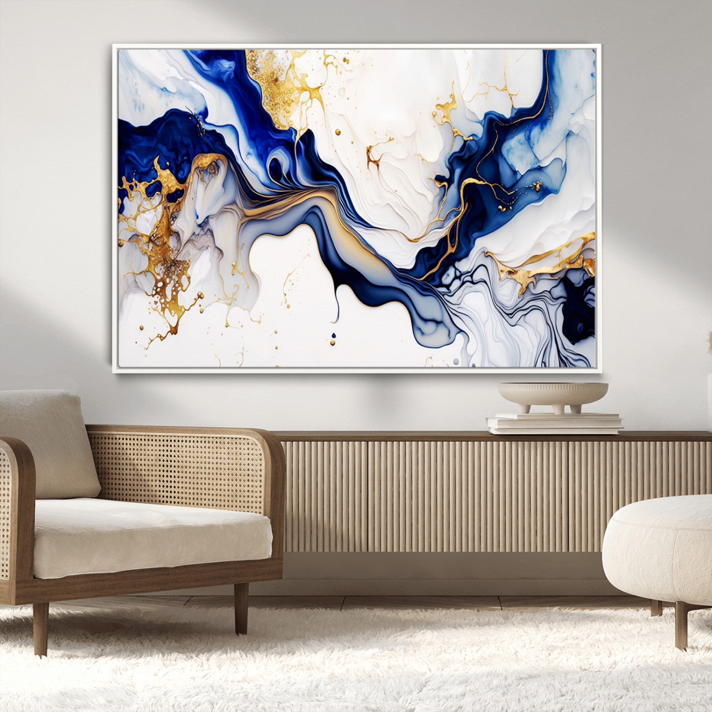 93392-MGV-CV-36X24-Golden Cascades on Midnight Blue – Deep Blue Abstract Wall Art Flowing Elegance | Wall Art Canvas,