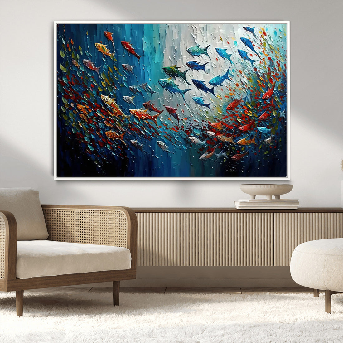Modern Abstract Fish Shoal Wall Art Canvas Print, Colorful Fish Art, Ocean Animal Artwork
