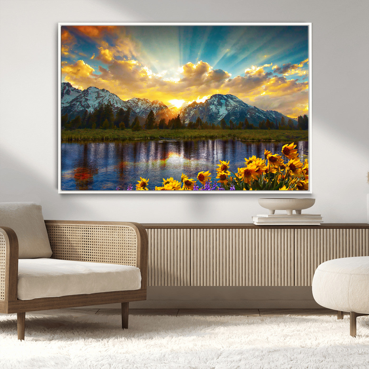 42292-MGV-CV-36X24-Mountain Sunrise Wall Art – Vibrant Landscape Canvas Print with Wildflowers and River Reflection, Nature Scenery Decor for Living Room or Bedroom