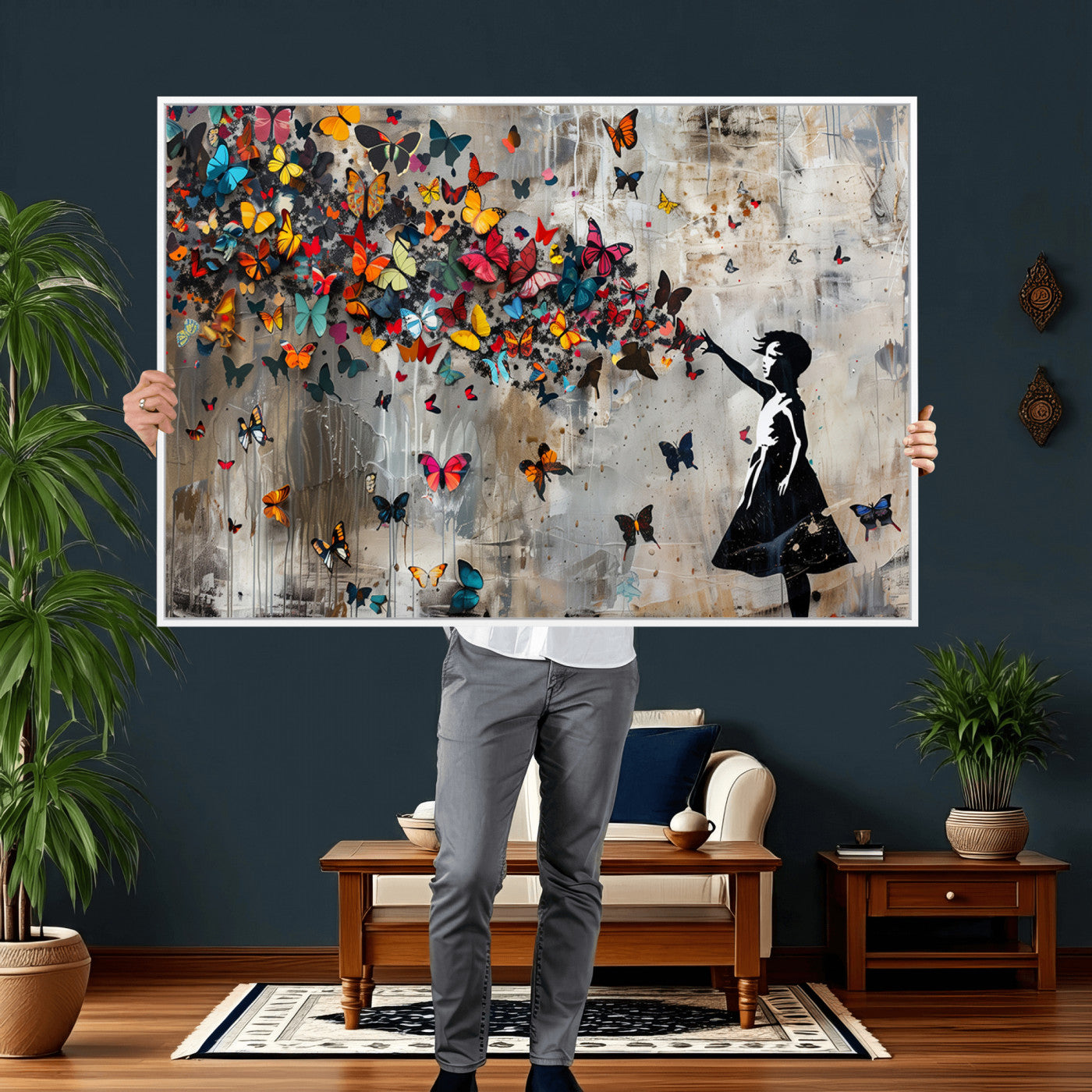 40269-MGV-CV-36X24 - Banksy Wall Art - Banksy Girl and Butterfly Explosion Wall Art Canvas Print | Girl with Butterflies