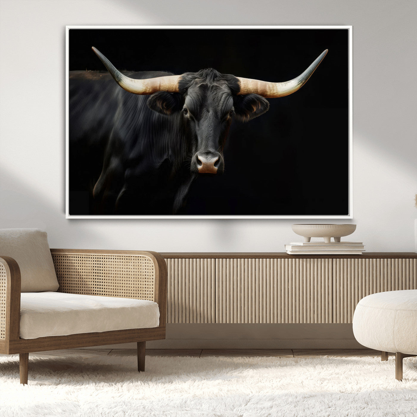 63798-MGV-CV-36X24-Black Bull Wall Art – Majestic Longhorn Canvas Print with Dark Background, Rustic Western Farmhouse Decor for Living Room or Office