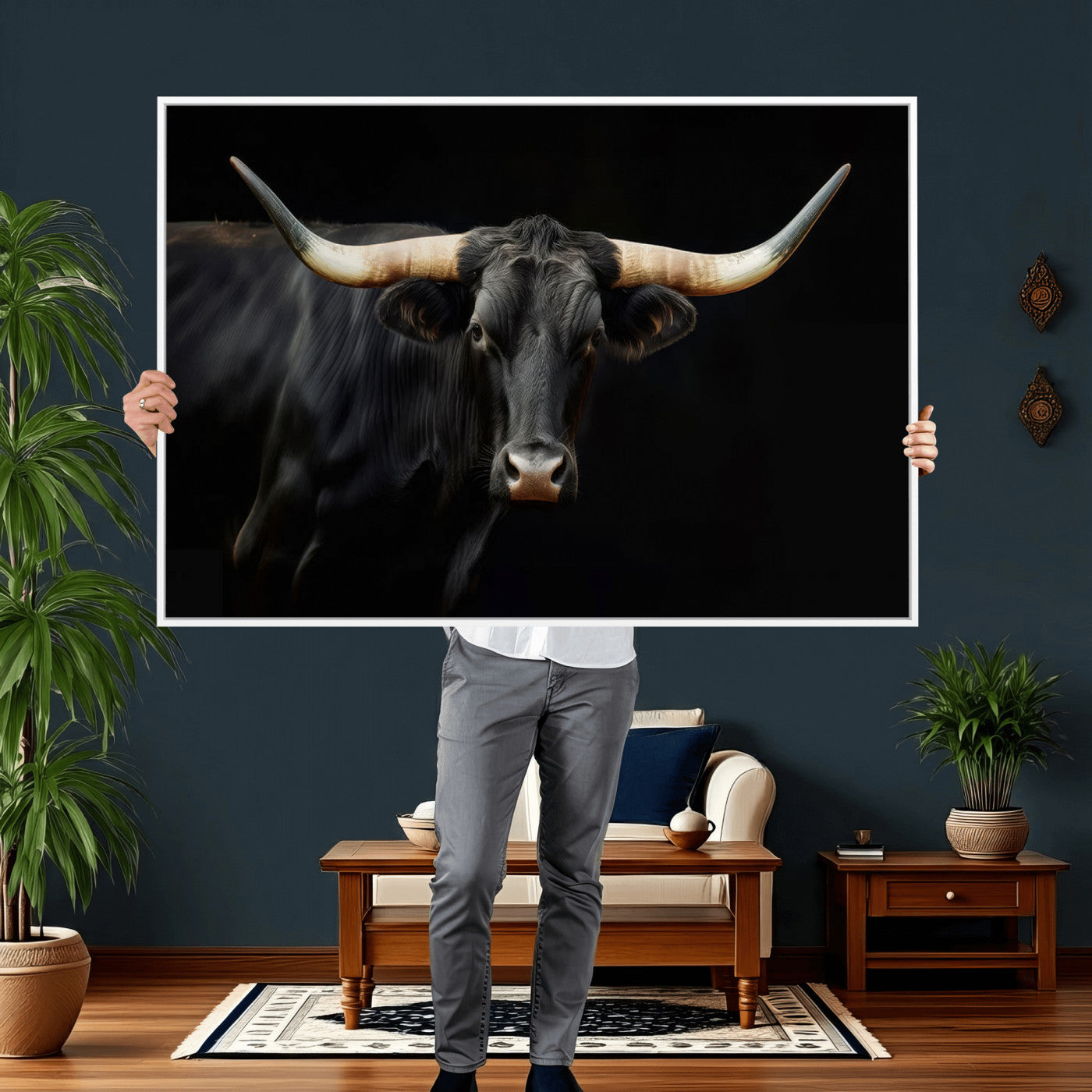 63798-MGV-CV-36X24 - Texas Longhorn Cow | Majestic Black Bull Wall Art Canvas Print - Farmhouse Animal Decor - Ready to