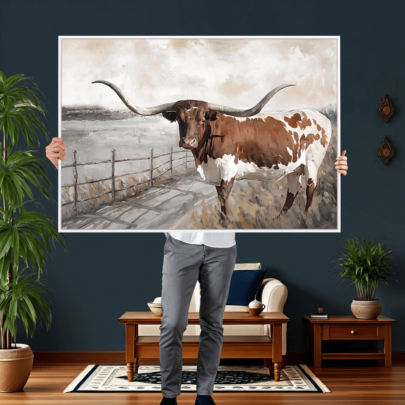 57340-MGV-CV-36X24 - Vintage Texas Cow Wall Art Canvas Print, Rustic Longhorn Wall Art | Canvas Print for Farmhouse Decor