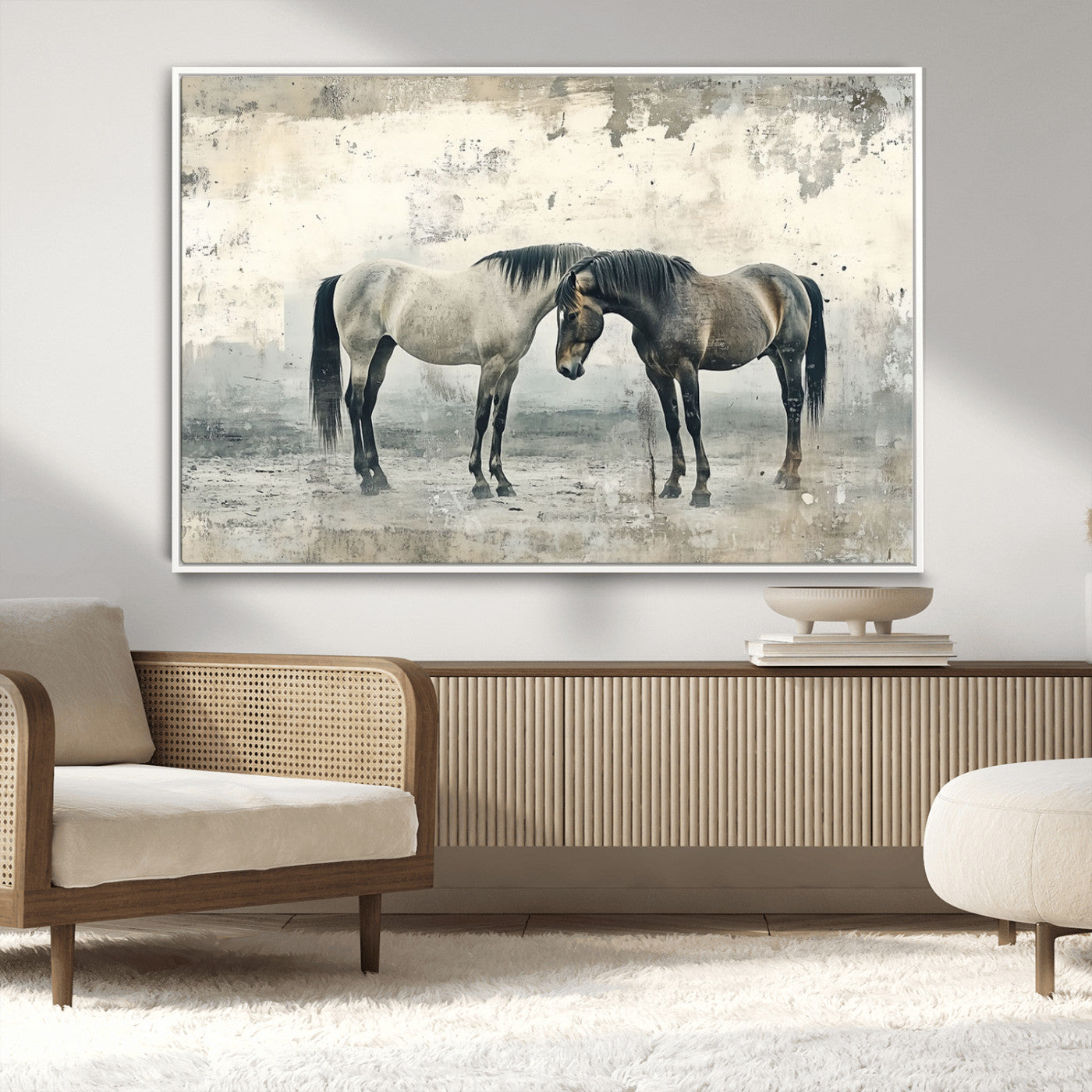 -Chines Style Majestic Horses Wall Art | Ready to Hang and Framed Triptych Print | Western Farmhouse