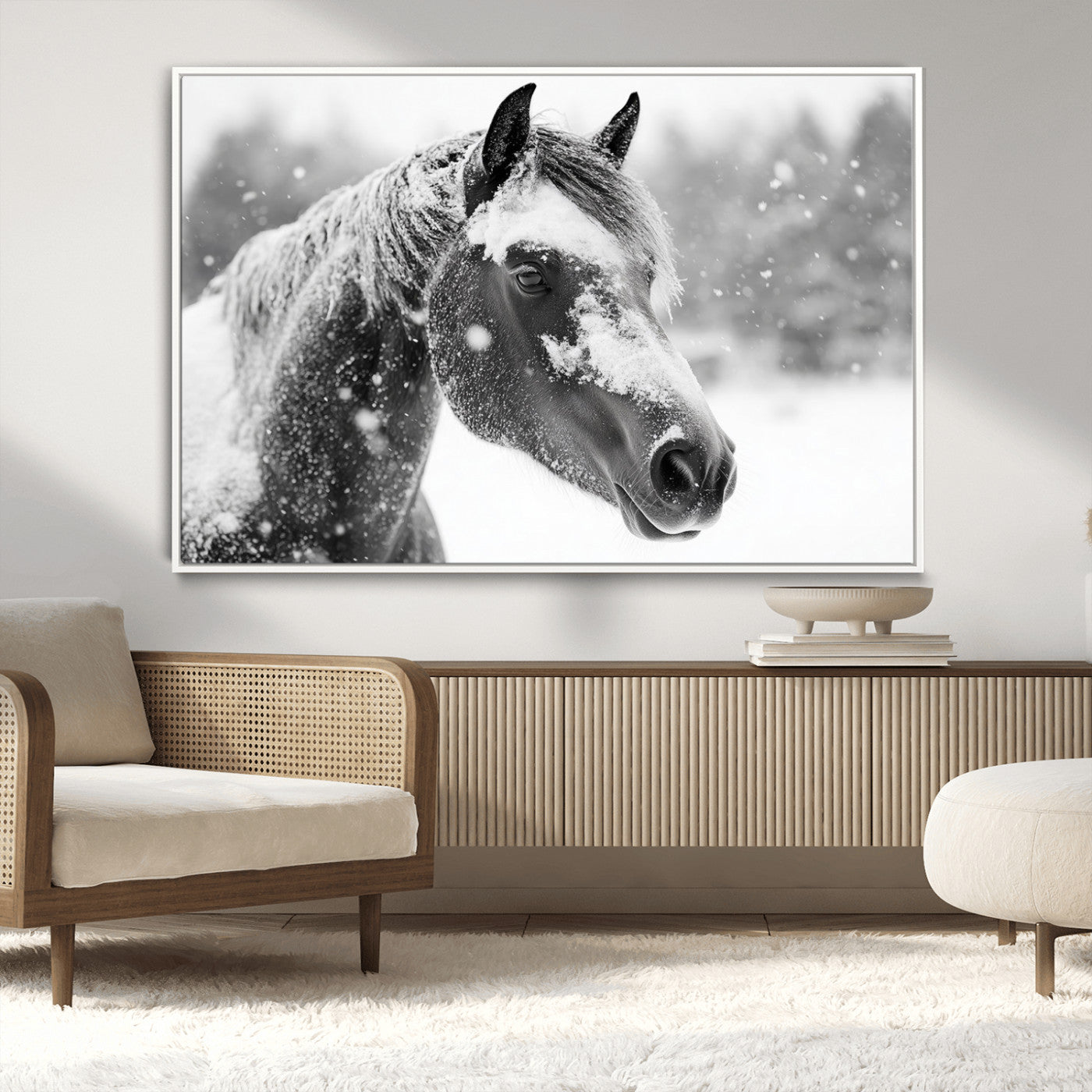 13358-MGV-CV-36X24-Black Horse Winter Wall Art | Ready to Hang and Framed | Farmhouse and Western Wall Decor for Living Room