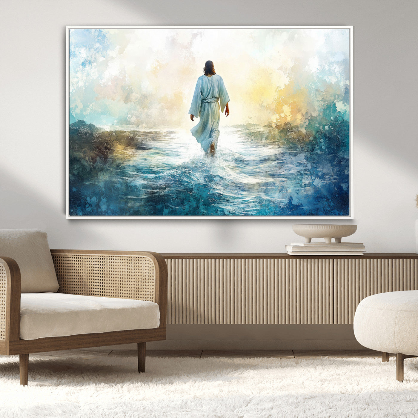 -Watercolor Jesus Walking on Water Canvas Print, Christian Wall Art, Jesus Christ Walking
