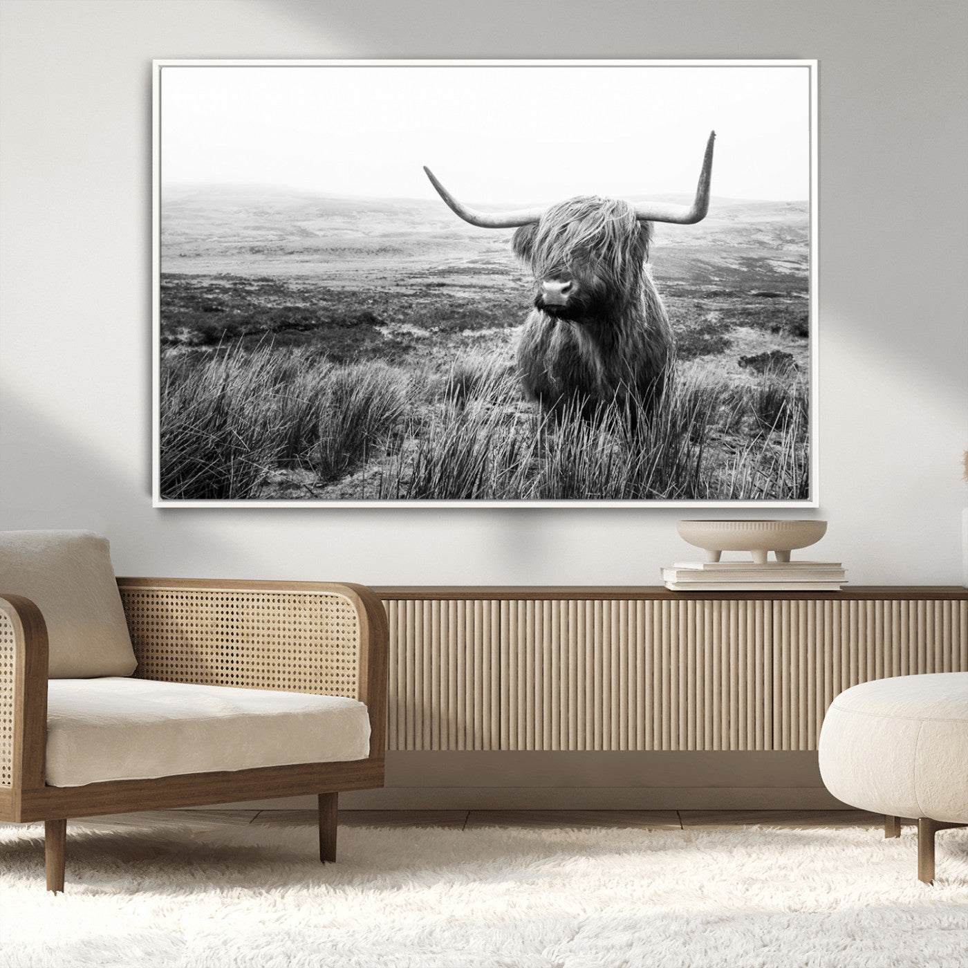 -Scottish Highland Cow Wall Art | Black and White Canvas Print | Ready to Hang and Framed | Rustic