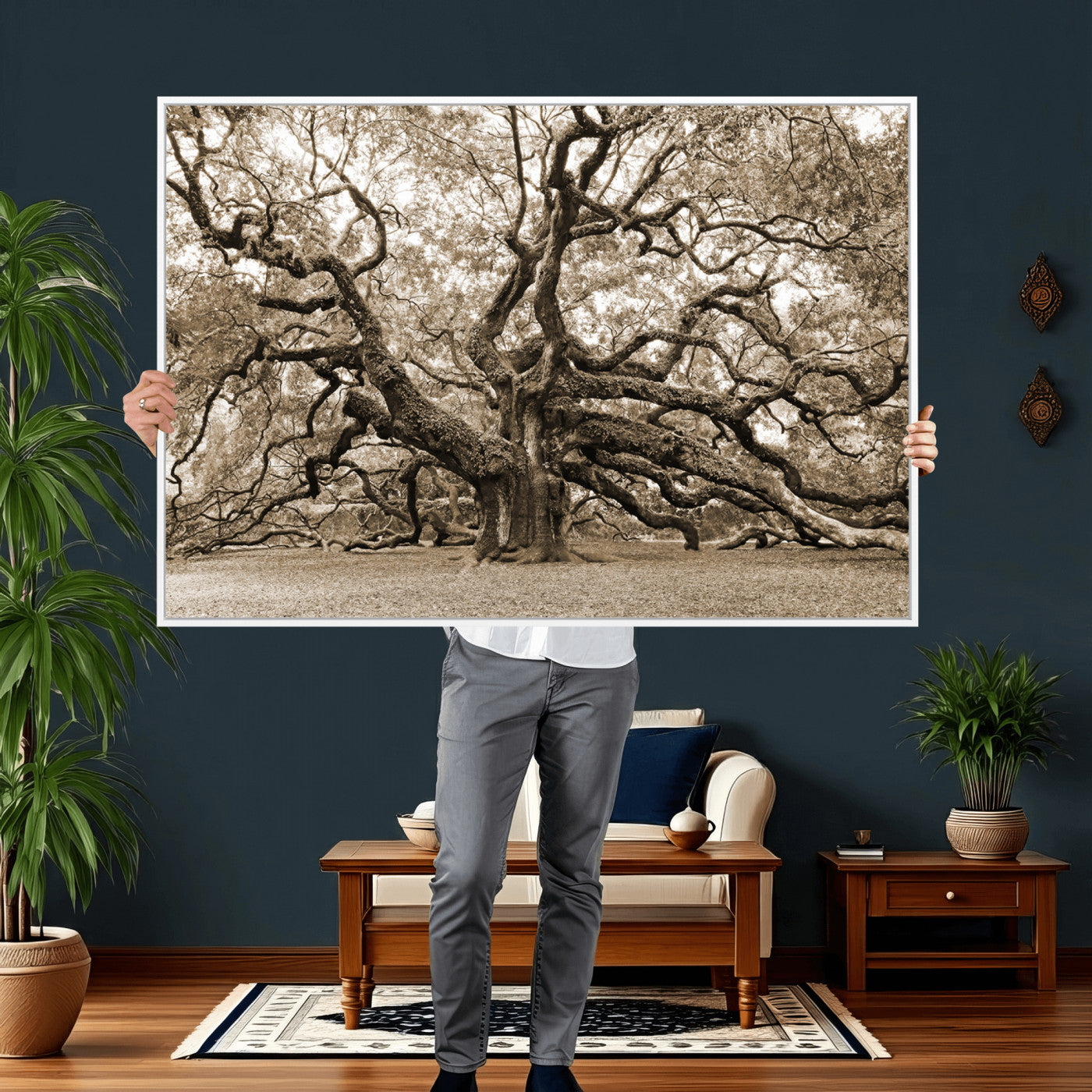 51126-MGV-CV-36X24 - Sepia Framed Angel Oak Tree Wall Art - 3-Panel Canvas Prints, Large Green Nature Artwork, Ready to
