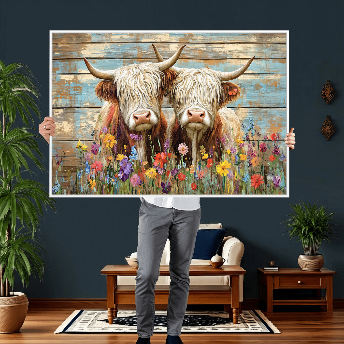 36972-MGV-CV-36X24 - Cute Highland Cow Canvas Wall Art - Rustic Farmhouse Decor with Colorful Flowers Perfect Wall Art
