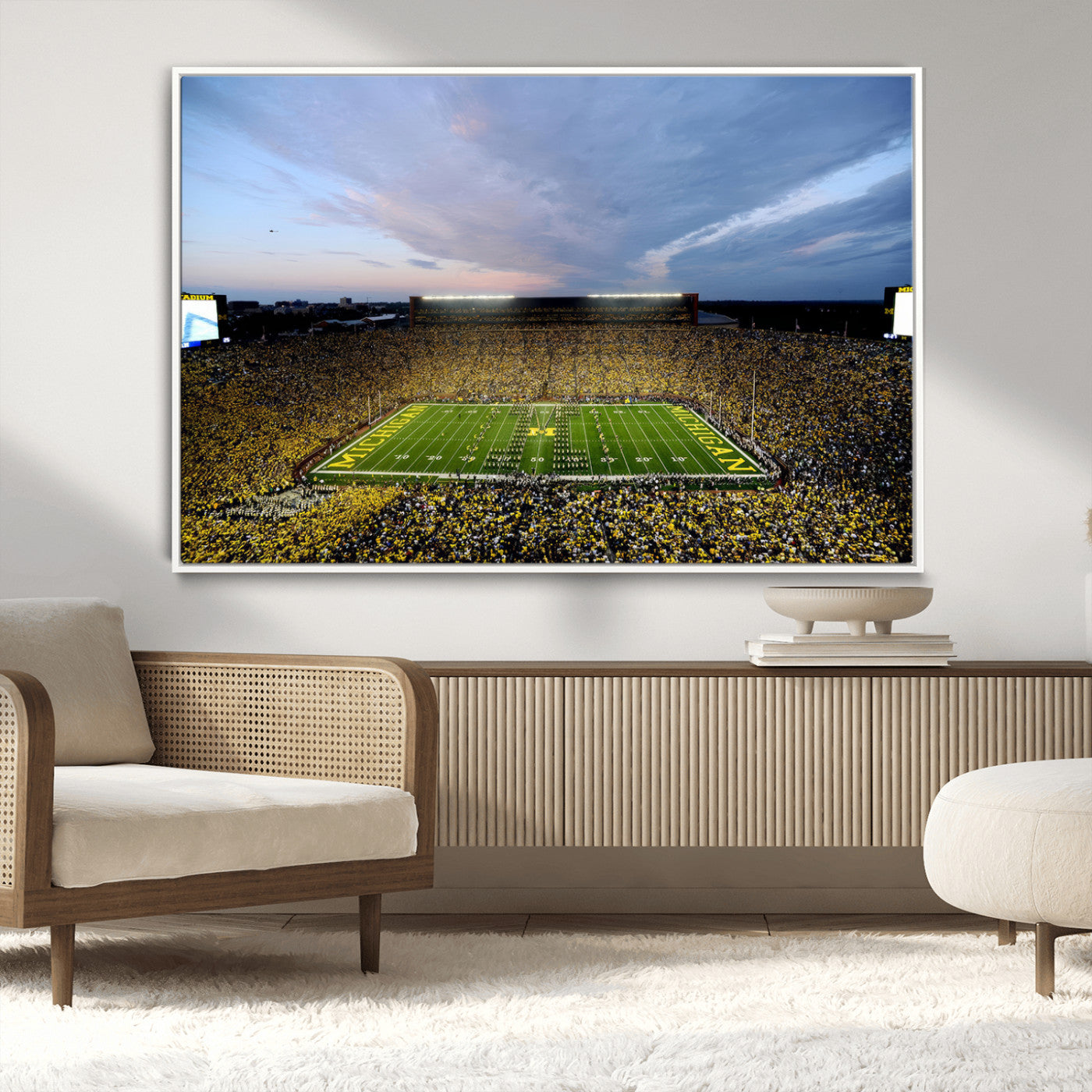 82641-MGV-CV-36X24-Michigan Stadium Wall Art Canvas Print – Framed Football Field Scene with Marching Band Artwork for Home, Office
