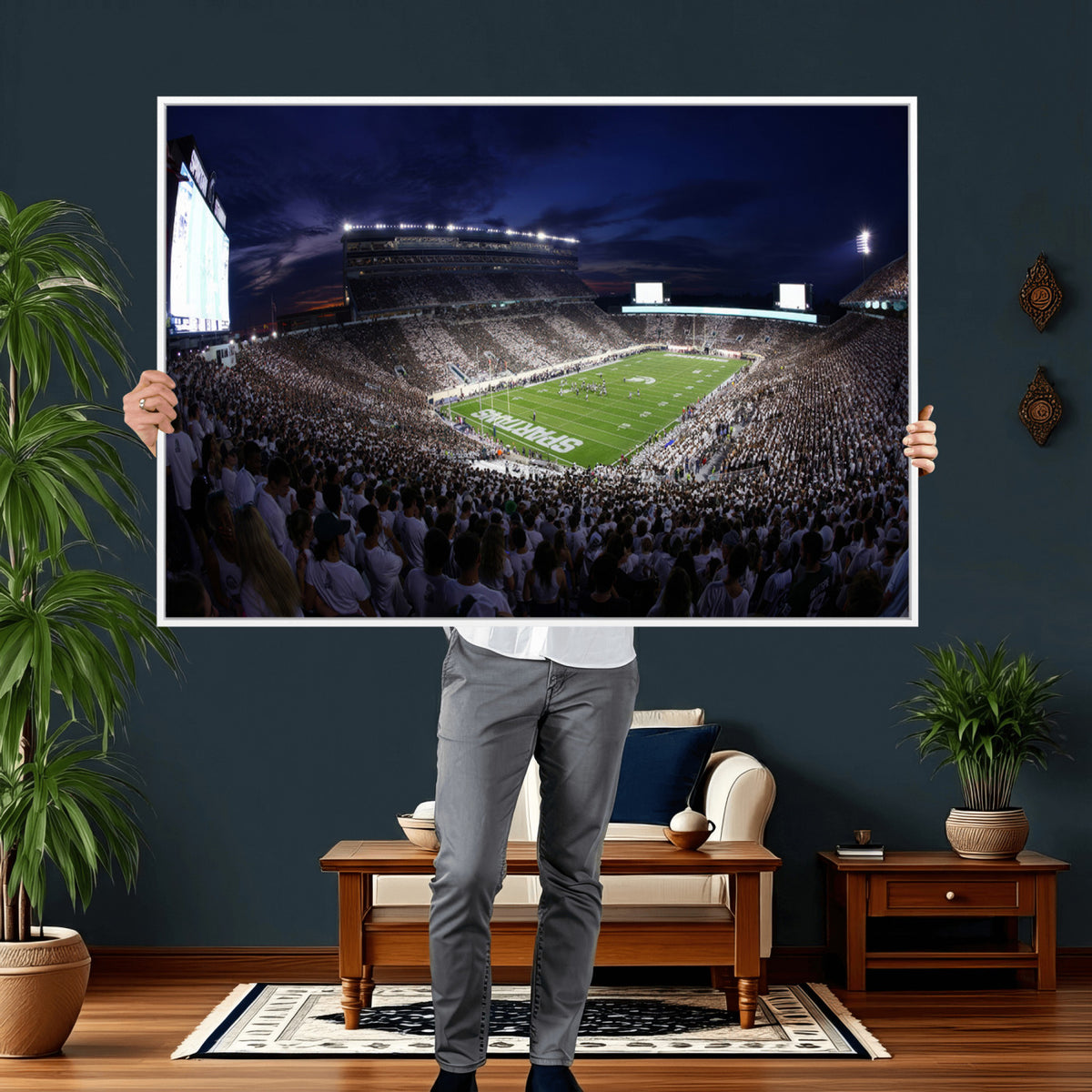 75193-PAN-FL-20X10 - Michigan State Spartans Canvas, Framed Football Team Print - East Lansing Spartan Stadium Wall Art
