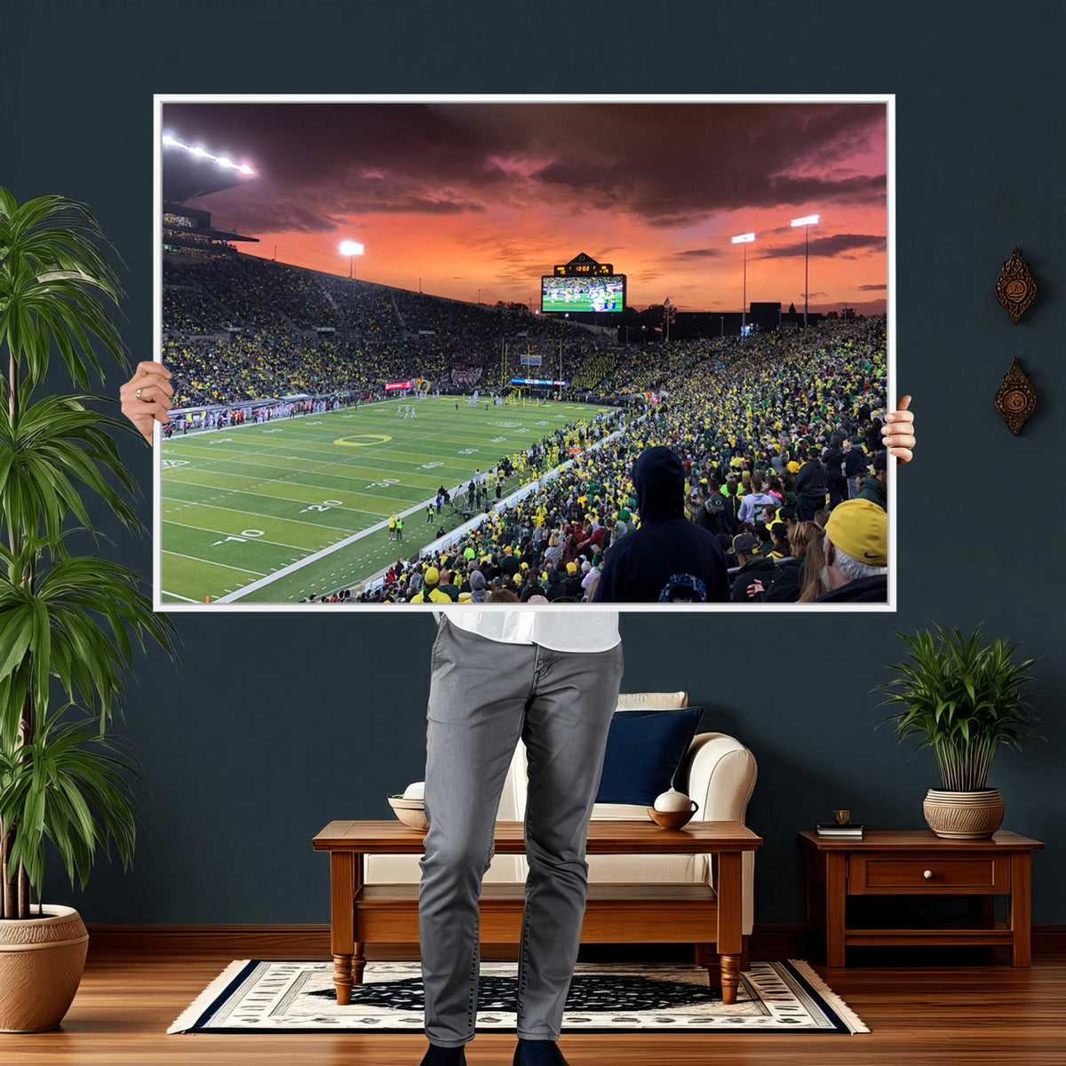 75065-PAN-FL-20X10 - Eugene Autzen Stadium Canvas Wall Art Print – Sunset Over Iconic Football Field Wall Decor for Home