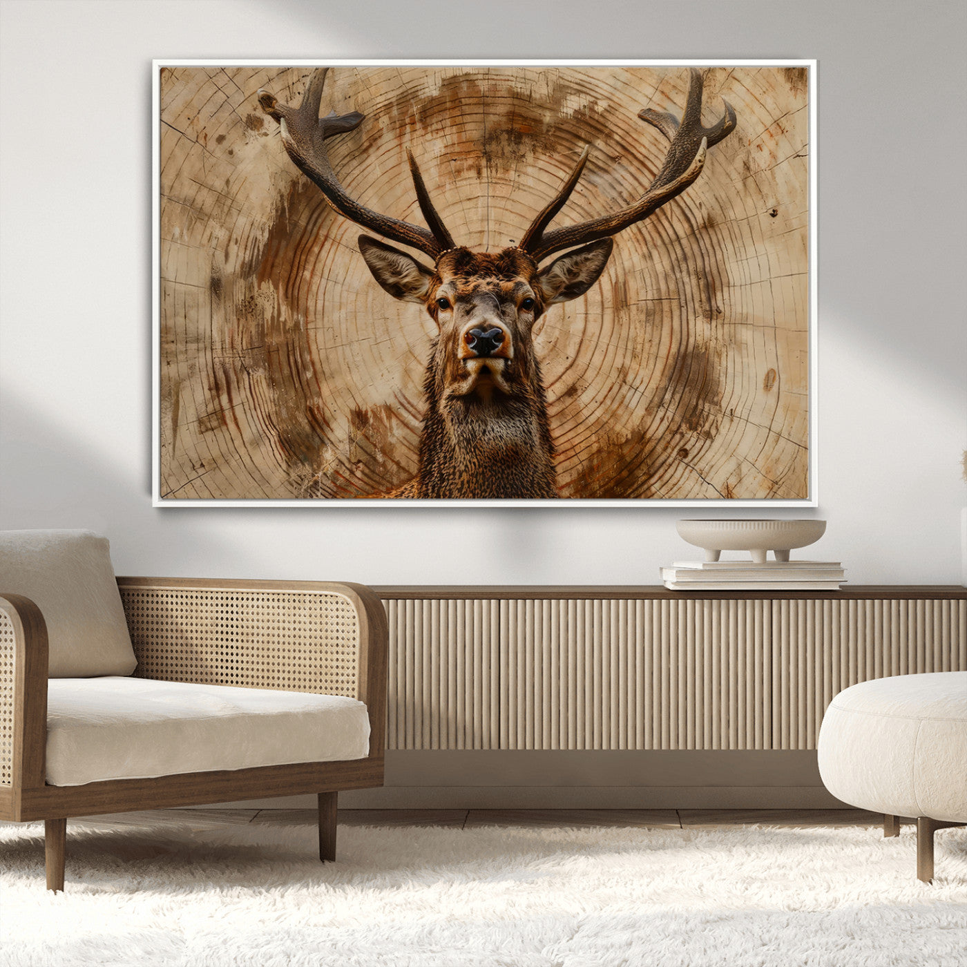 19375-MGV-CV-36X24-Wood Abstract Deer Wall Art | Rustic Wildlife Canvas Print | Ready to Hang Stag Head Triptych for