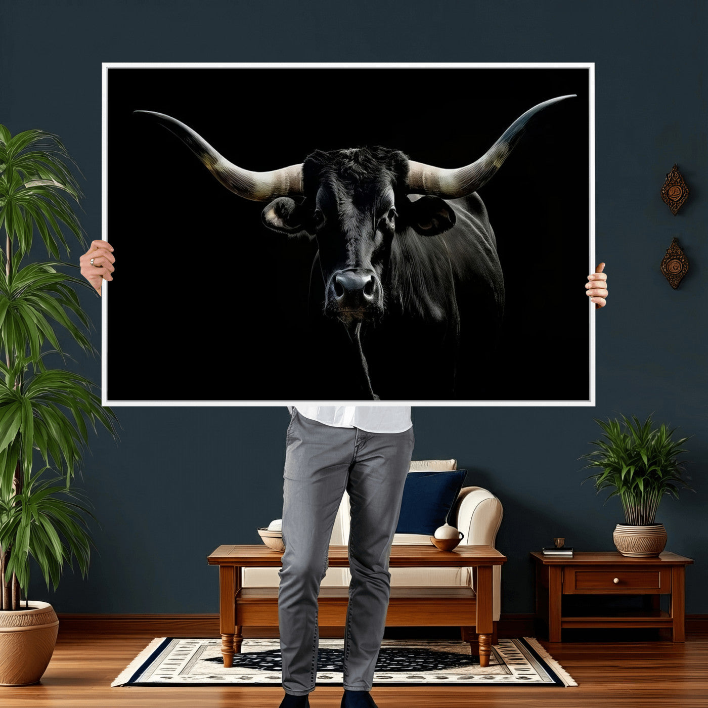 20679-MGV-CV-36X24 - Texas Black Longhorn Bull Wall Art Canvas Print - Western Texas Cattle Rustic Decor Print - Longhorn