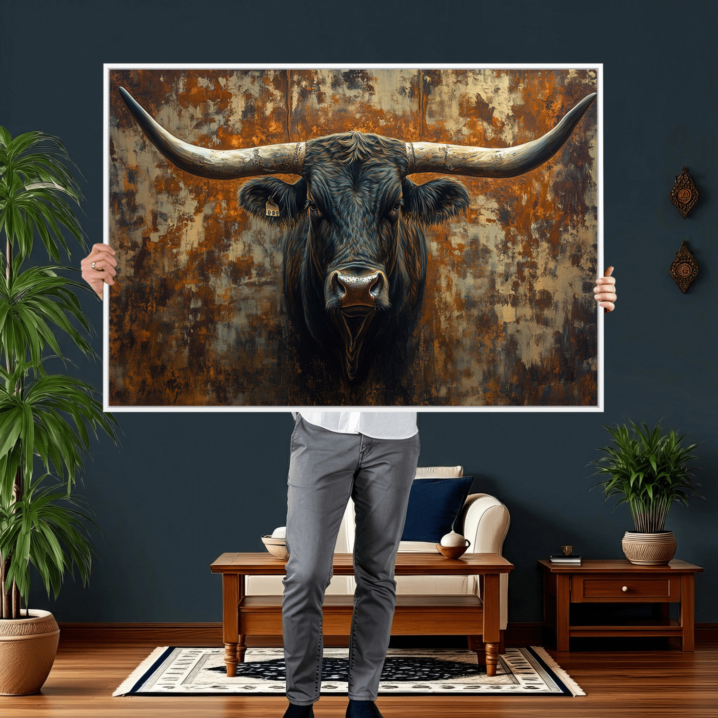 68068-MGV-CV-36X24 - Longhorn Texas Cow Bull Wall Art | Rustic Farmhouse Canvas Print | Ready to Hang Barn Decor for