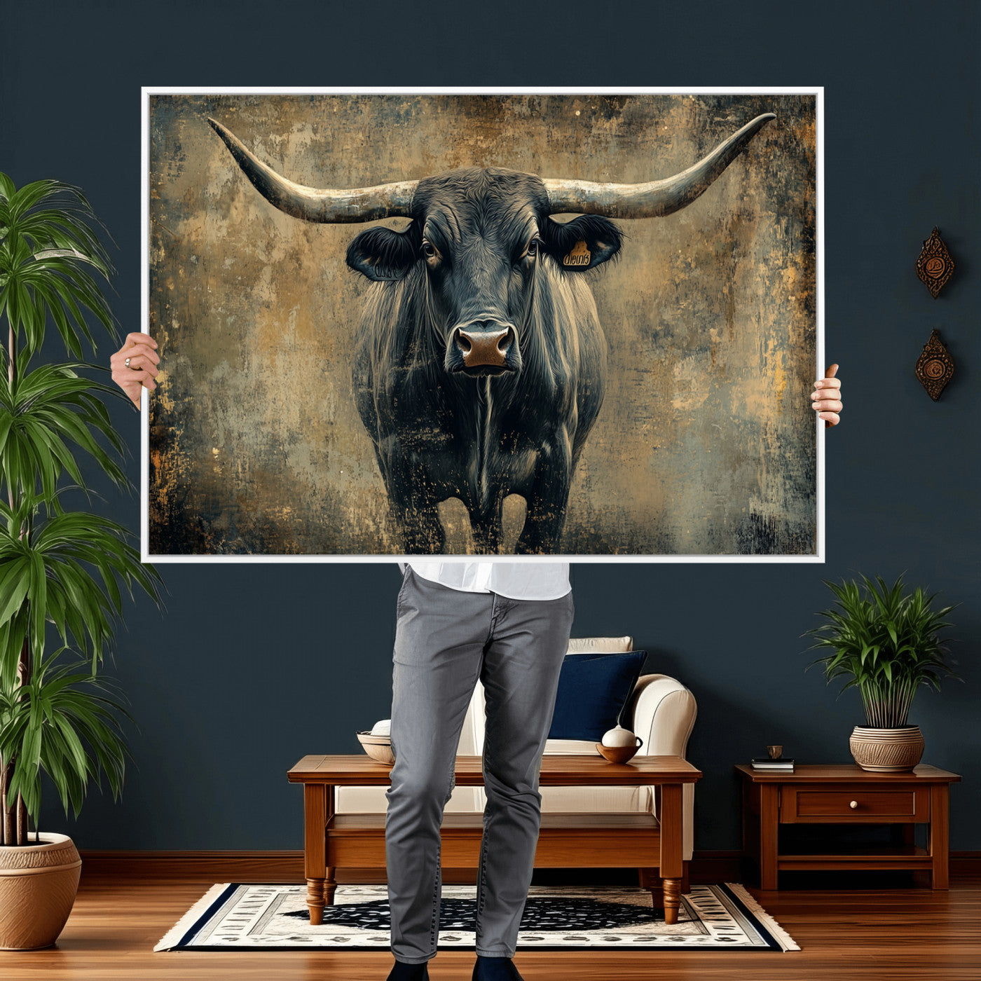 57385-MGV-CV-36X24 - Longhorn Bull Wall Art Canvas Print, Framed Rustic Cow Art Picture Print, Texas Longhorn Perfect Western Decor Artwork