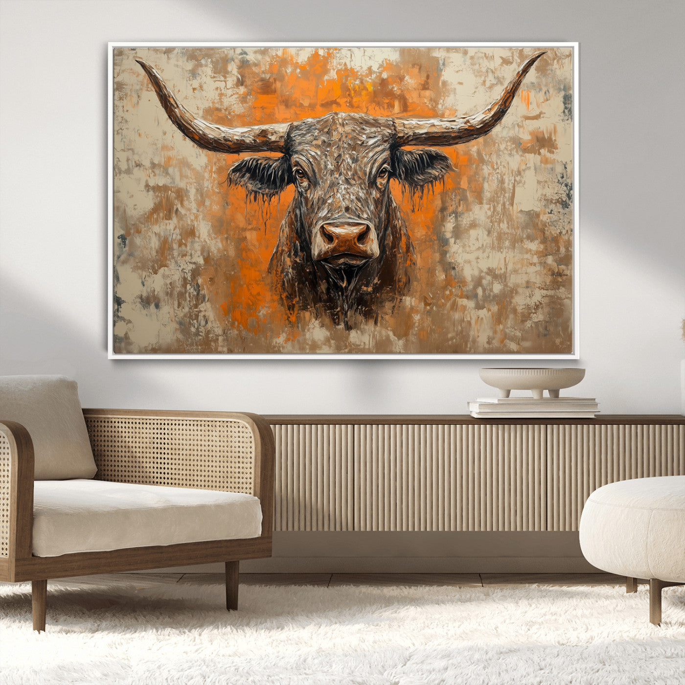 -Abstract Cow Longhorn Bull Wall Art Canvas Print - Rustic Texas Western Cattle Artwork