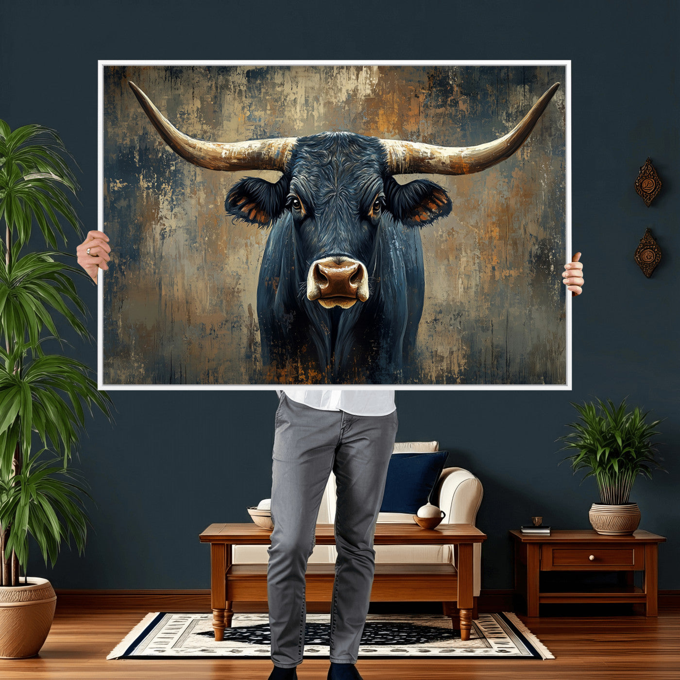 42026-MGV-CV-36X24 - Texas Western Wall Art Canvas Print - Abstract Cow Longhorn Bull Wall Art Canvas Print - Rustic Cow