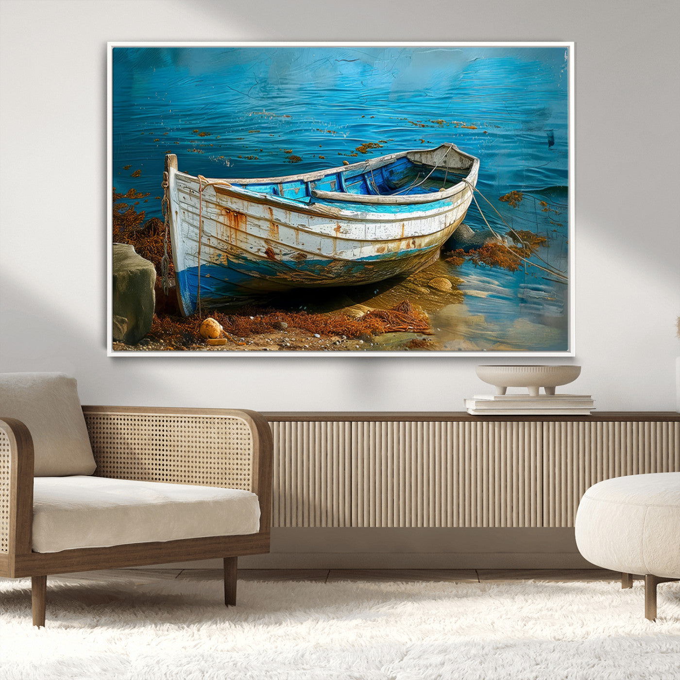 54716-MGV-CV-36X24-Vintage Boat on Tranquil Waters | Coastal Wall Art for Nautical Decor | Rustic Triptych Canvas Print