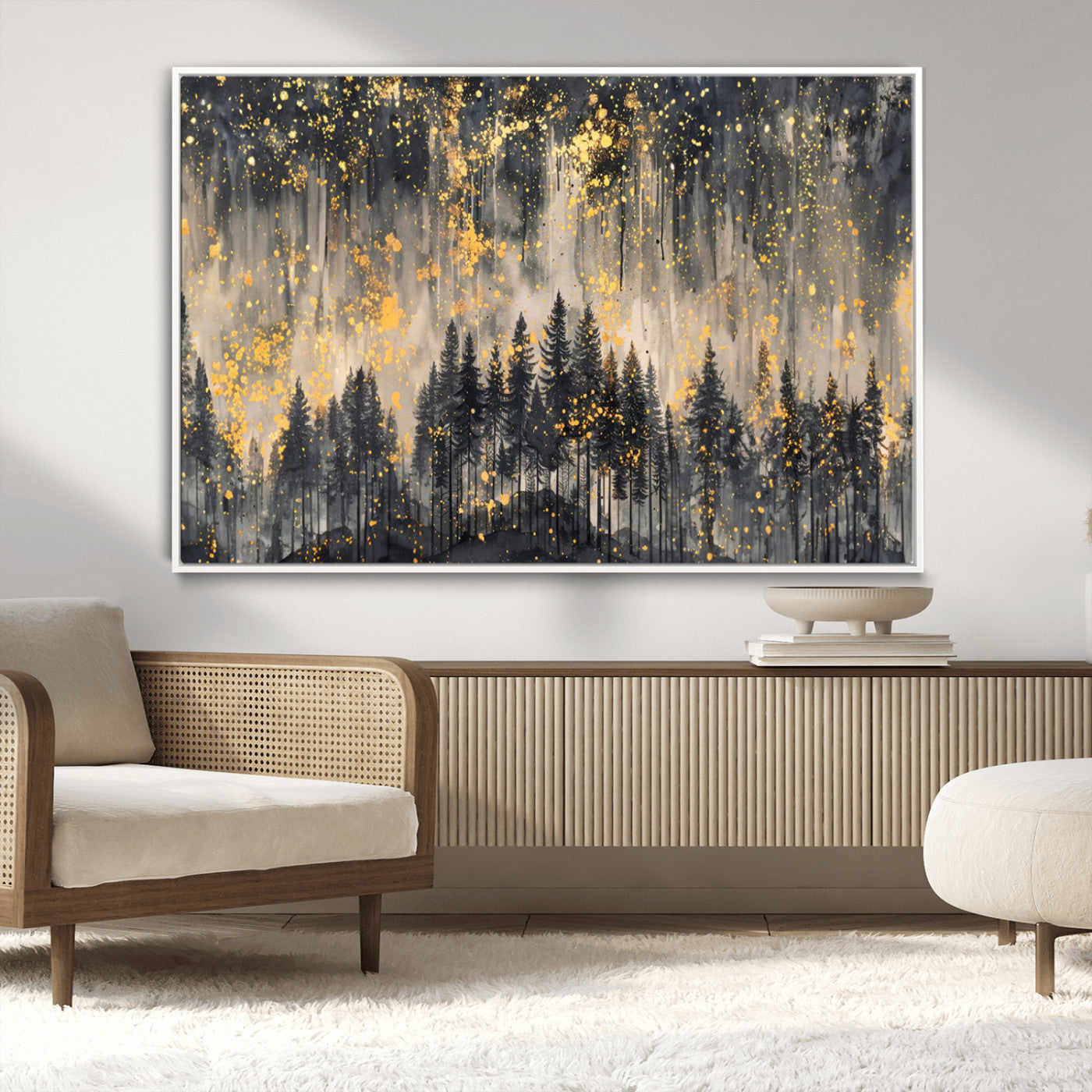 46049-MGV-CV-36X24-Golden Forest Abstract Wall Art | Dark Forest with Gold Splatter Accents | Triptych Ready to Hang