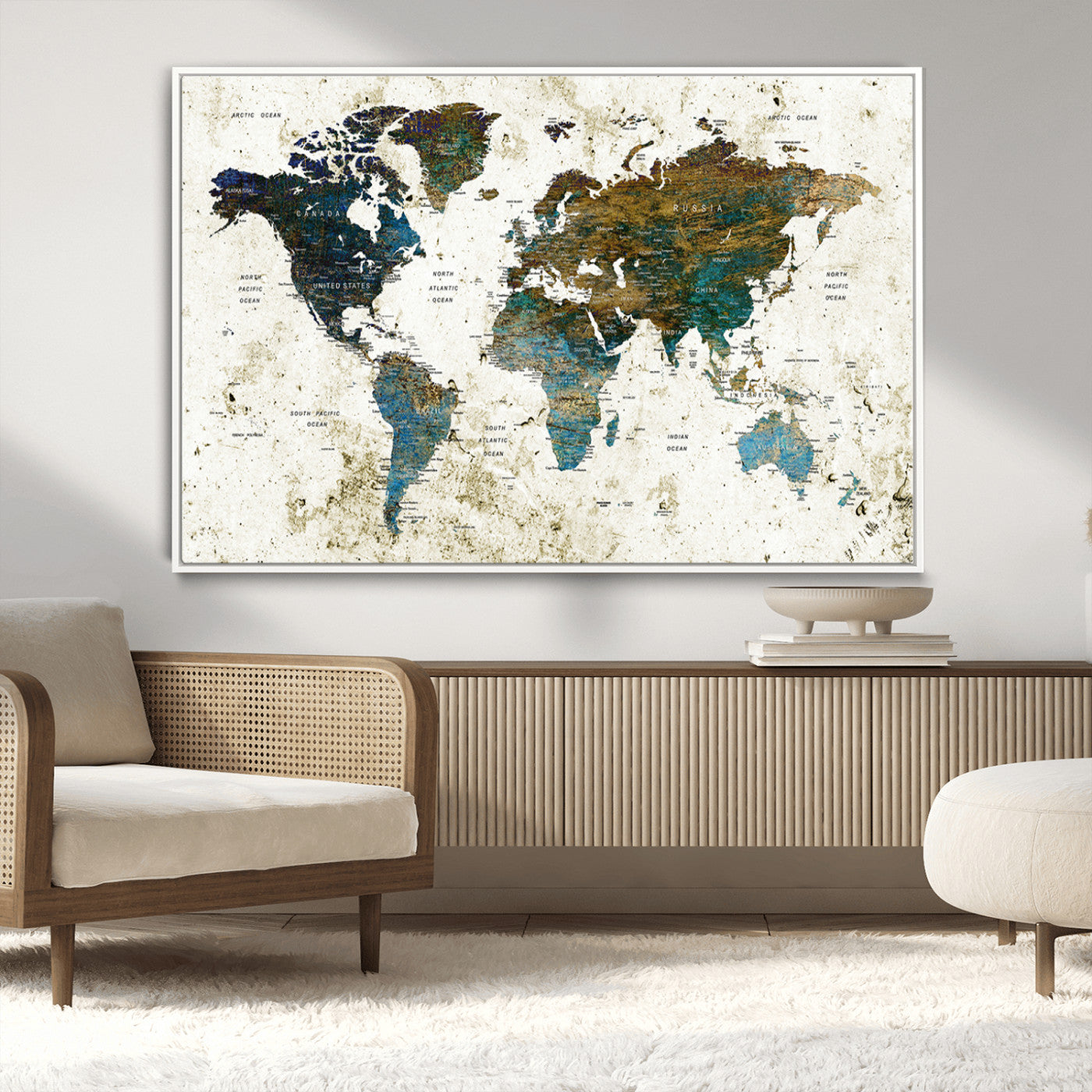 89176-MGV-CV-36X24-Vintage Blue and Brown World Map Canvas Wall Art – Framed Rustic Map Print, Earth Tone Travel Decor for Stylish Home and Office Walls