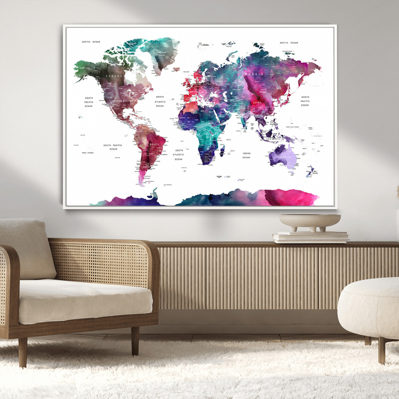 78176-MGV-CV-36X24-Colorful Watercolor World Map Canvas Wall Art – Framed Modern Map Print, Vibrant Travel Inspired Artwork for Home and Office Decor