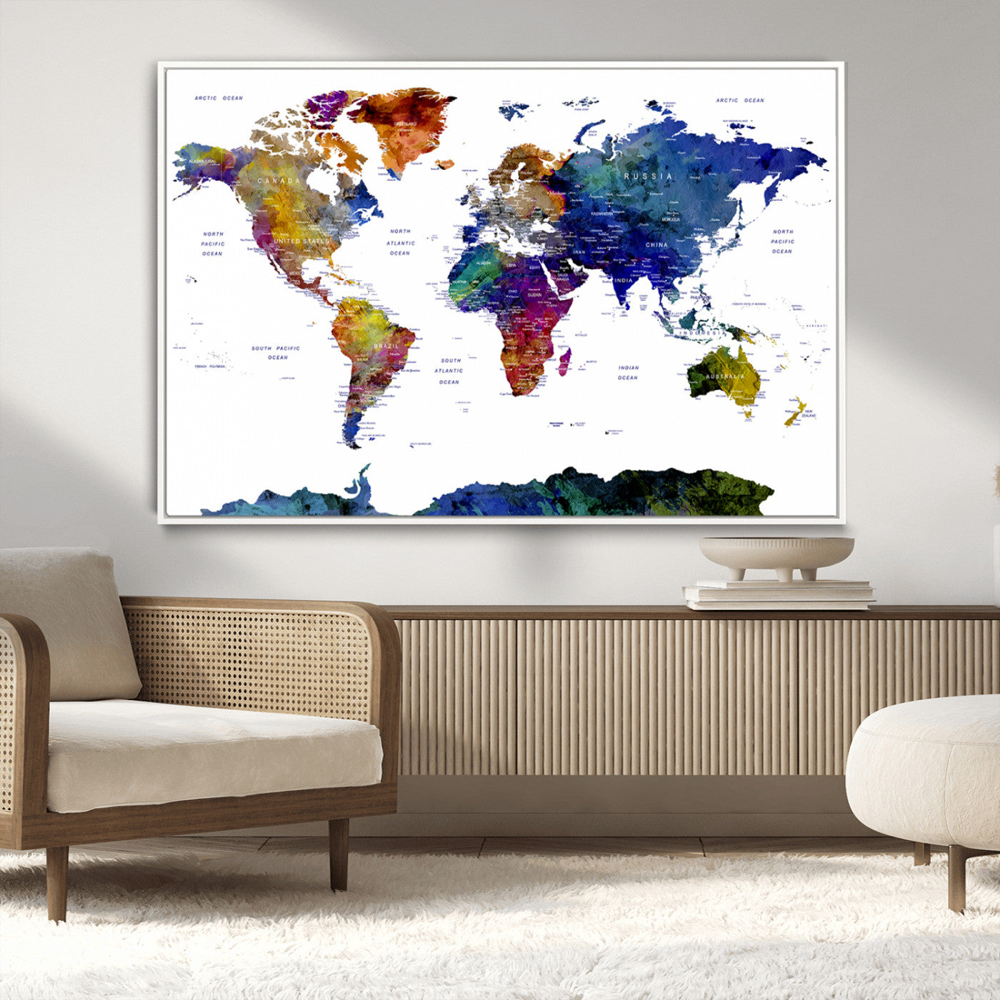 90446-MGV-CV-36X24-Colorful Watercolor World Map Canvas Wall Art – Framed Modern Push Pin Travel Map for Home and Office Decor