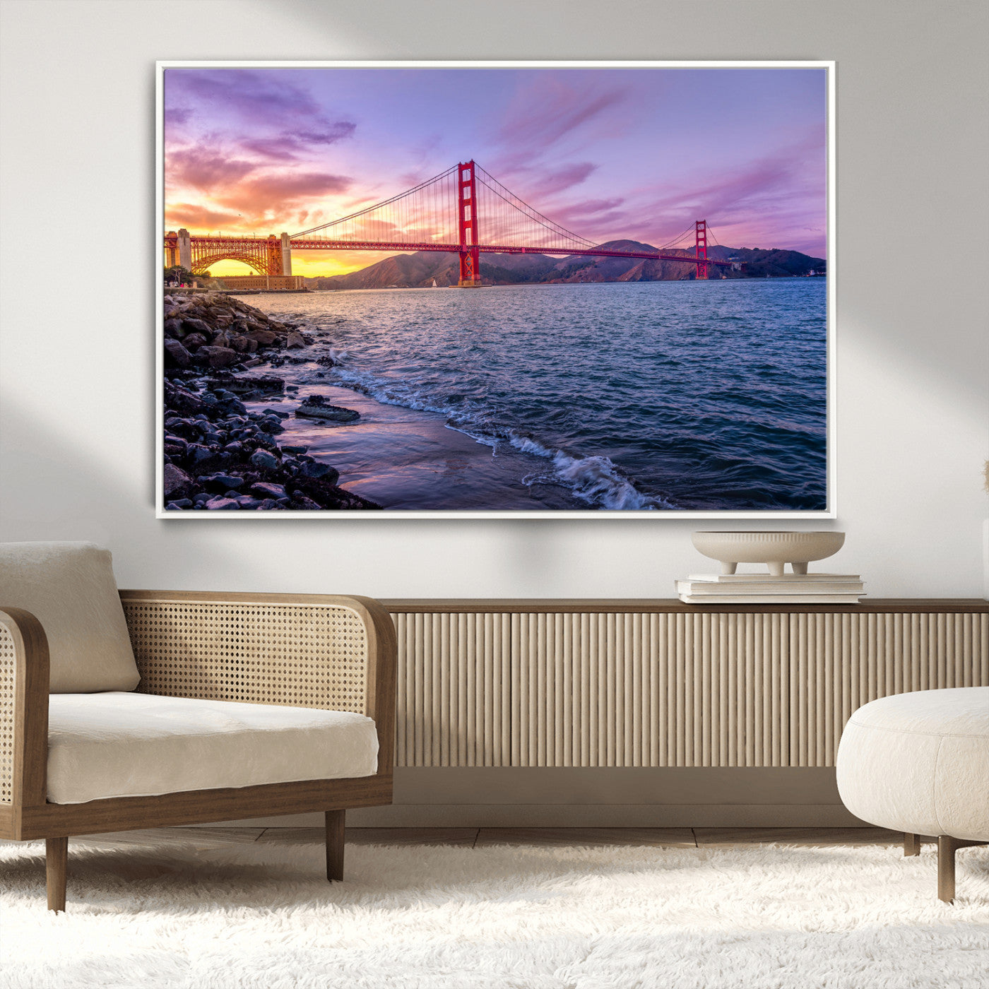 -Golden Gate Bridge Wall Art Canvas Print – Framed San Francisco Sunset Scene with Cityscape Artwork for Home, Office