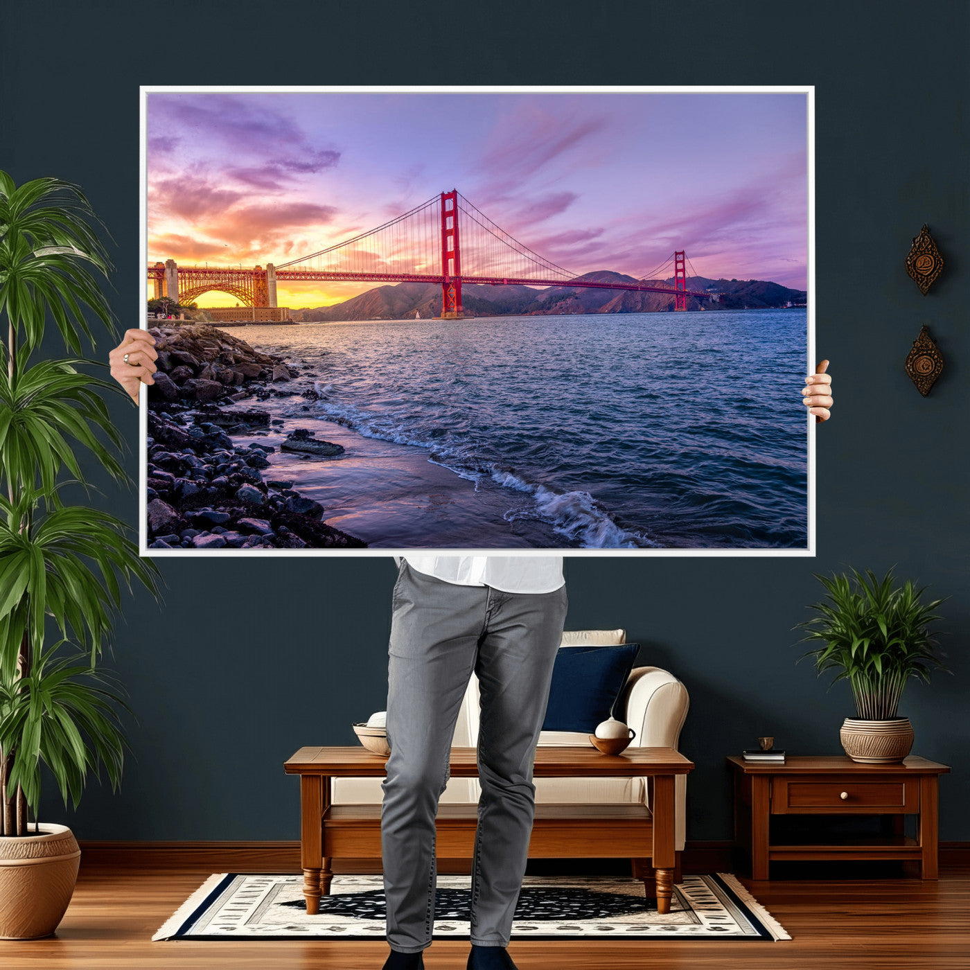 24256-MGV-CV-36X24 - Golden Gate Bridge Wall Art Print, San Francisco Sunset Canvas Wall Art, Cityscape Canvas Print for