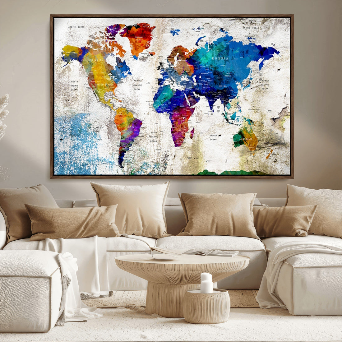 Navy Blue Watercolor World Map Canvas Print | Framed Travel Map Wall Art