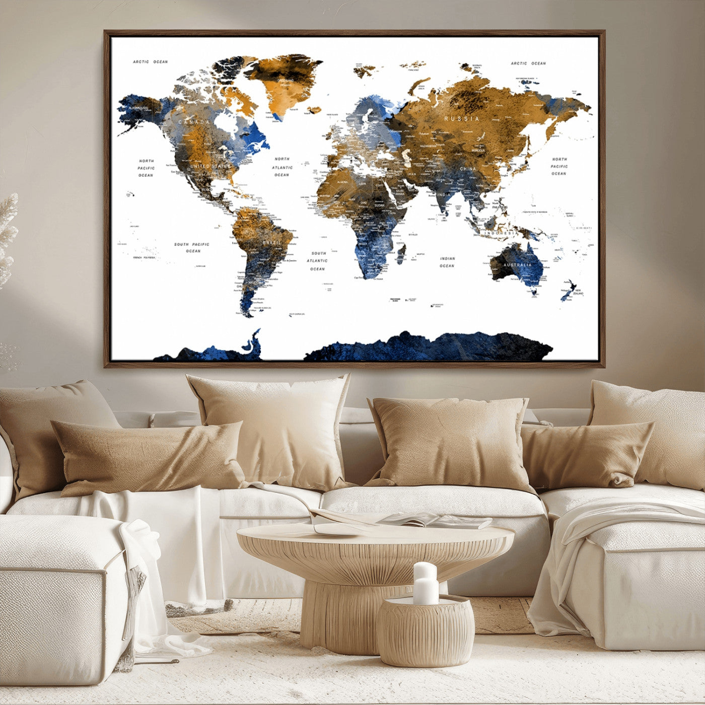 56231-MGV-CV-36X24-Navy and Gold World Map Canvas Wall Art – Framed Modern World Map Print, Elegant Travel Inspired Artwork for Home and Office Decor