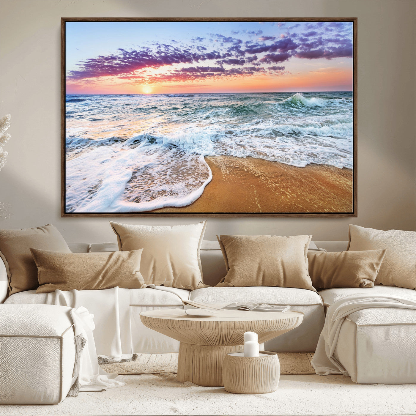 53006-MGV-FC-36X24_Walnut-Coastal Sunset Art Beach Canvas Wall Art Print | Ocean Waves Wall Art | Large 3-Panel Seascape for