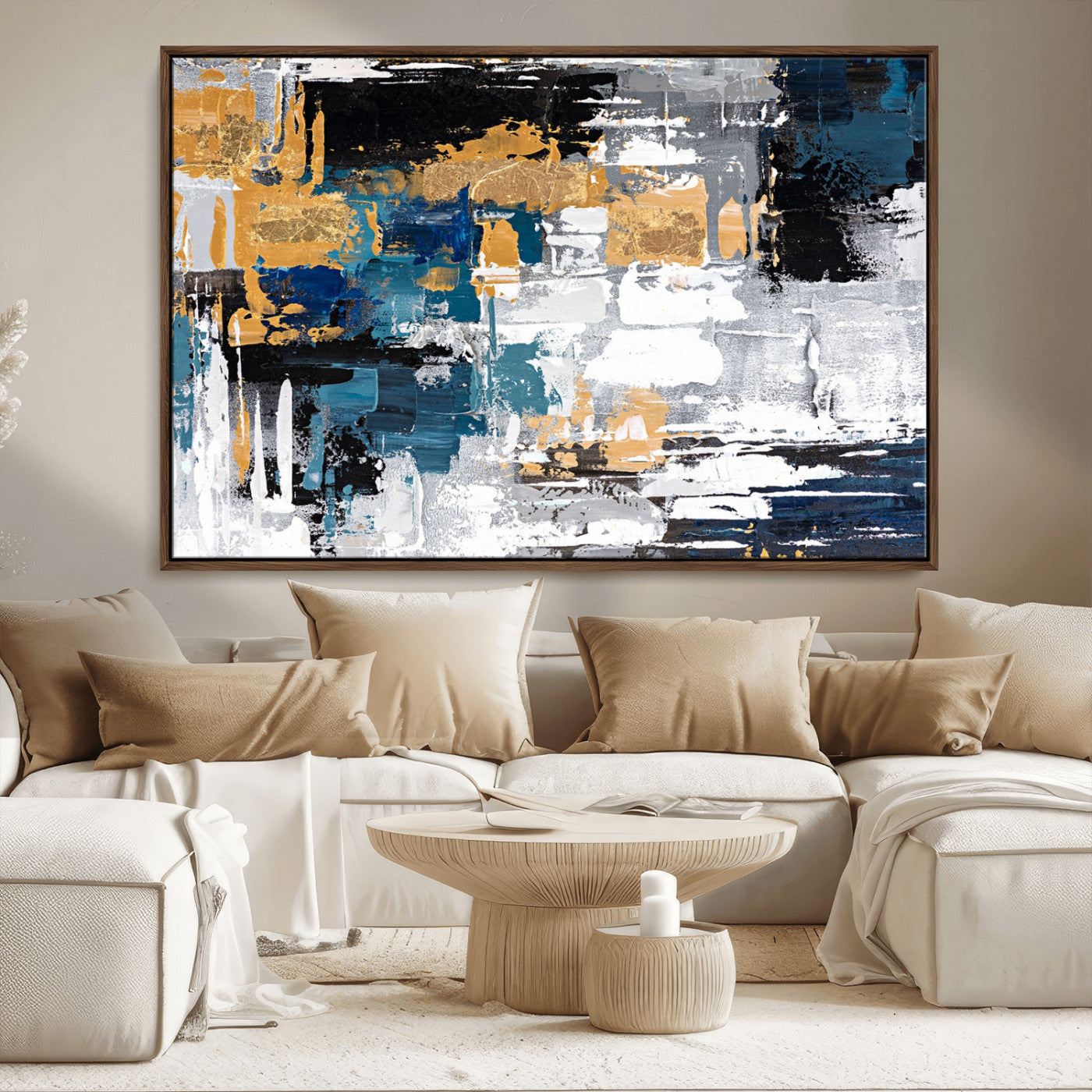 57708-MGV-FC-36X24_Walnut-Blue and Gold Abstract Canvas Wall Art – Triptych Modern Painting for Living Room – Framed and Ready