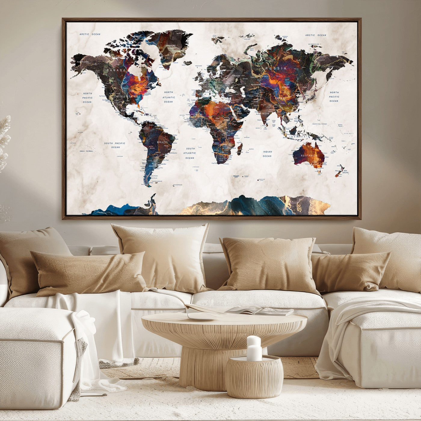 90881-MGV-FC-36X24_Walnut-Push Pin World Map Canvas Print – Travel Tracker Wall Art for Couples, Perfect Anniversary Gift for Home or Office Decor