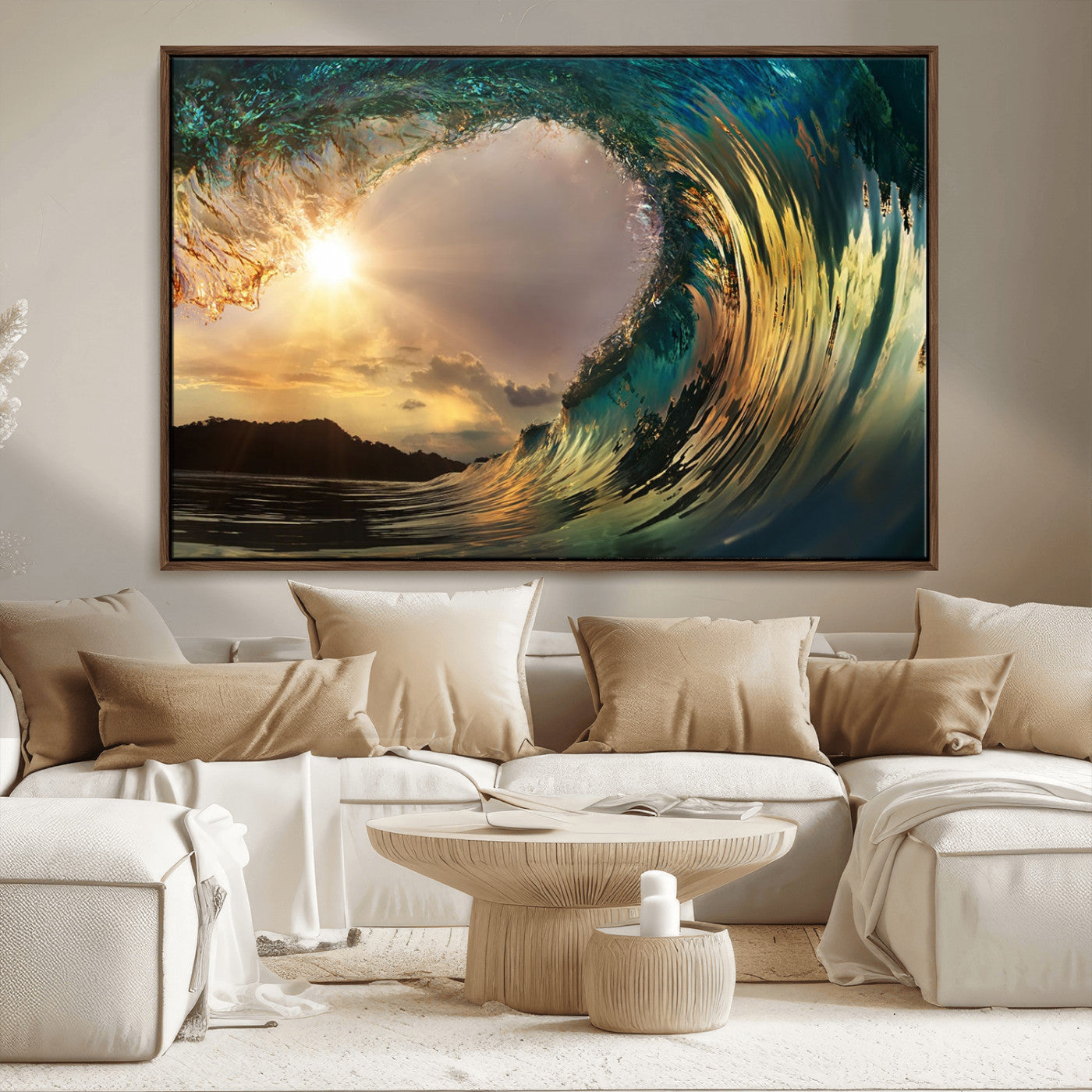 -Golden Wave Sunset Canvas Print – Large Coastal Wall Art for Nature Lovers, Captivating Ocean Wave
