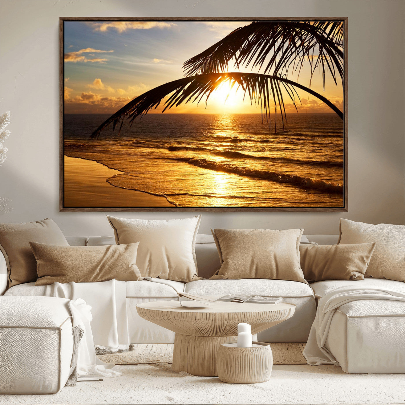 -Golden Tropical Beach Sunset Canvas Triptych, Coastal Palm Tree Wall Art, Ocean Shoreline Giclee