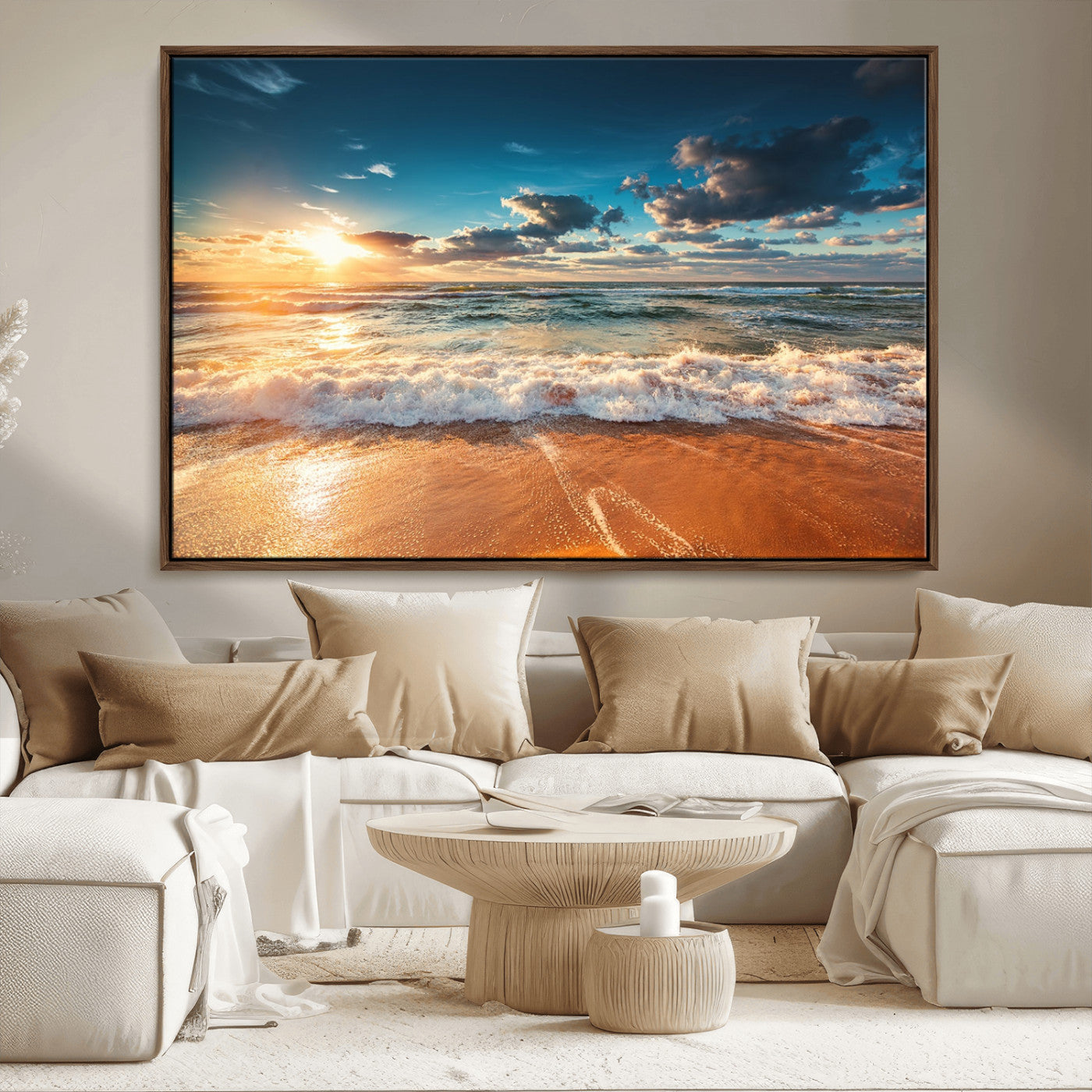 -Golden Sunset Beach Triptych Canvas Art, Giclee Coastal Wall Decor, Ocean Waves Print, Modern Beach