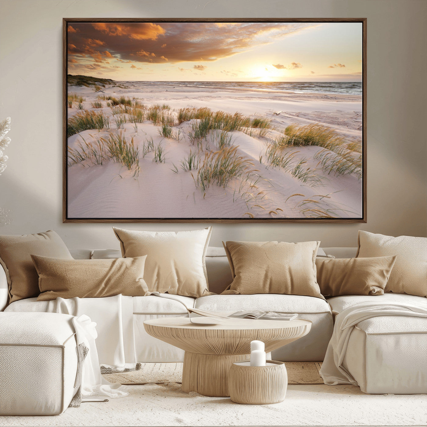 61246-MGV-FC-36X24_Walnut-Flight Over Coastal Beach Landscape, Flight Over Coastal Beach Print Canvas Wall Art