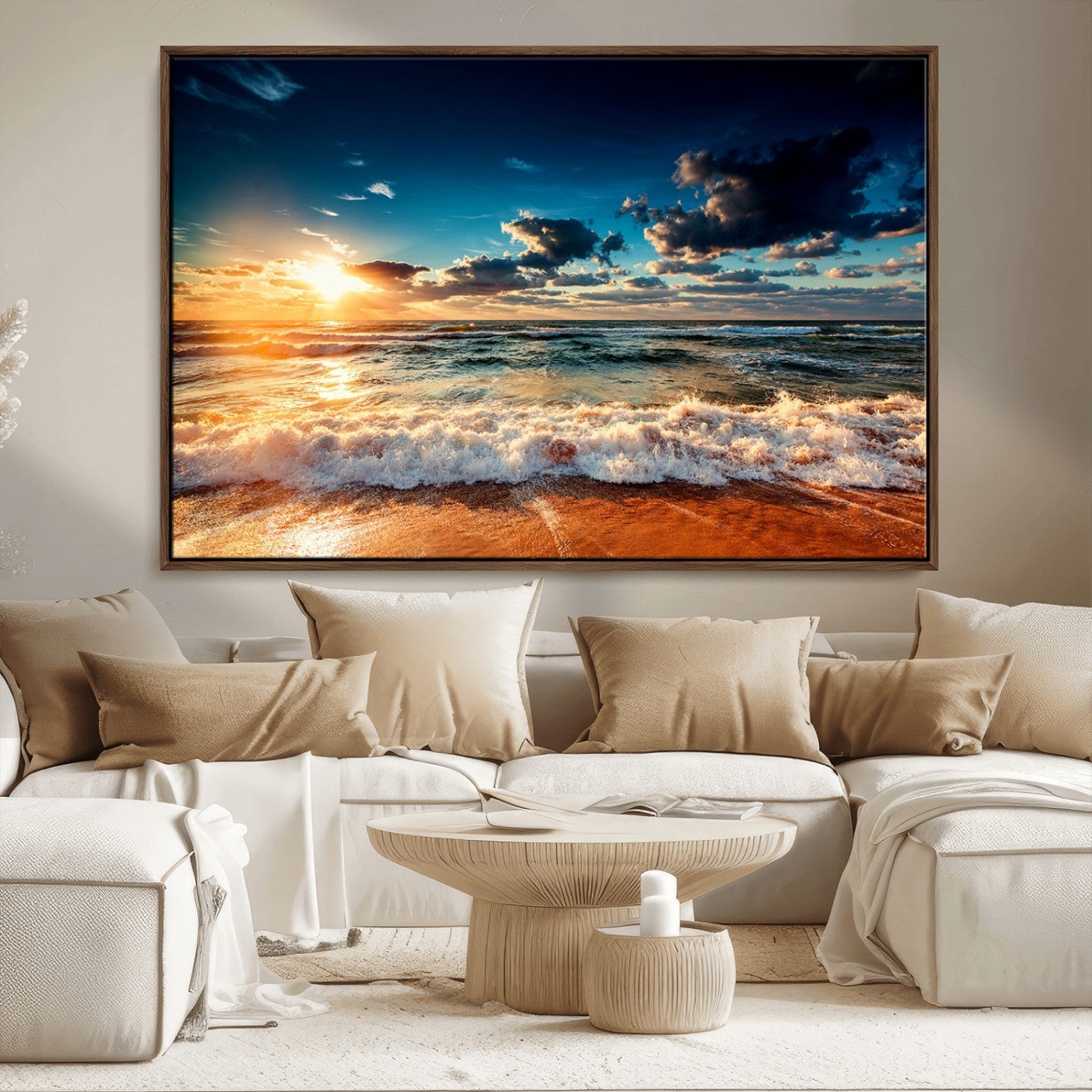 -Golden Hour Sunset Over Ocean Waves Wall Art Canvas Print | 3 Panel Coastal Landscape Canvas Wall