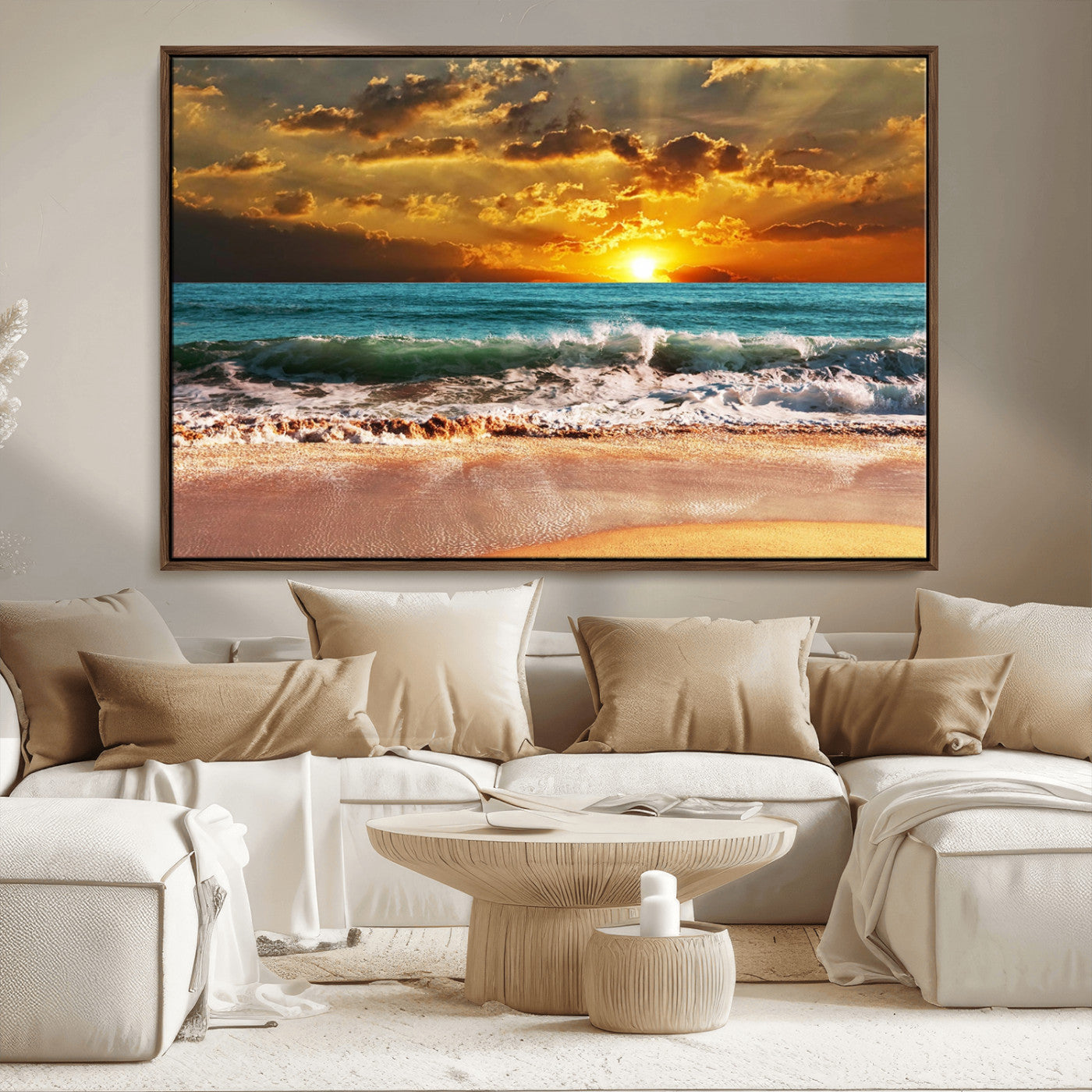 16495-MGV-CV-36X24-Golden Sunset Beach Canvas Wall Art – Triptych Seascape Print – Framed and Ready to Hang for Living