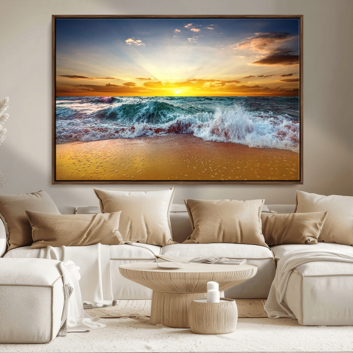 -Golden Sunset Ocean Waves Wall Art Canvas Print – Multi Panel Beach Canvas Print Set – Large Coastal
