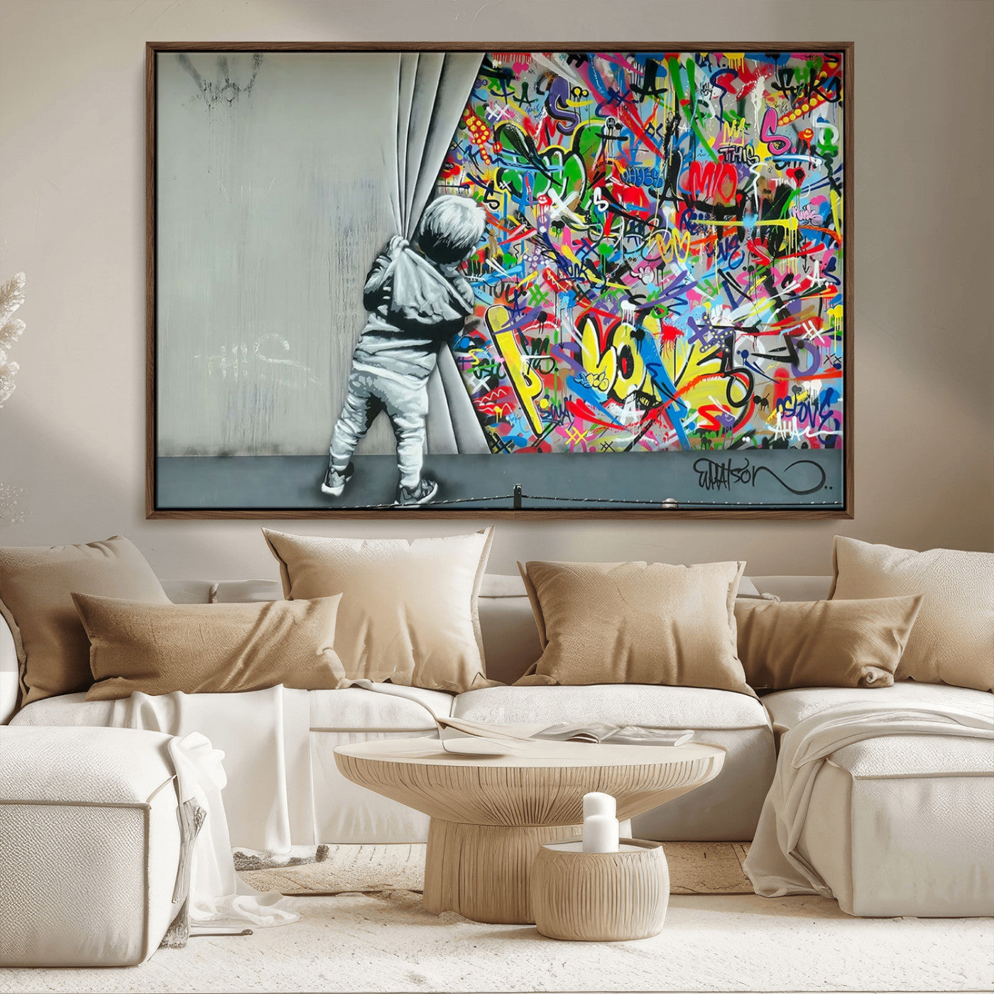 51713-MGV-CV-36X24-Banksy Colorful Street Graffiti Canvas Wall Art Print, Modern Art Triptych, Child and Graffiti Wall,
