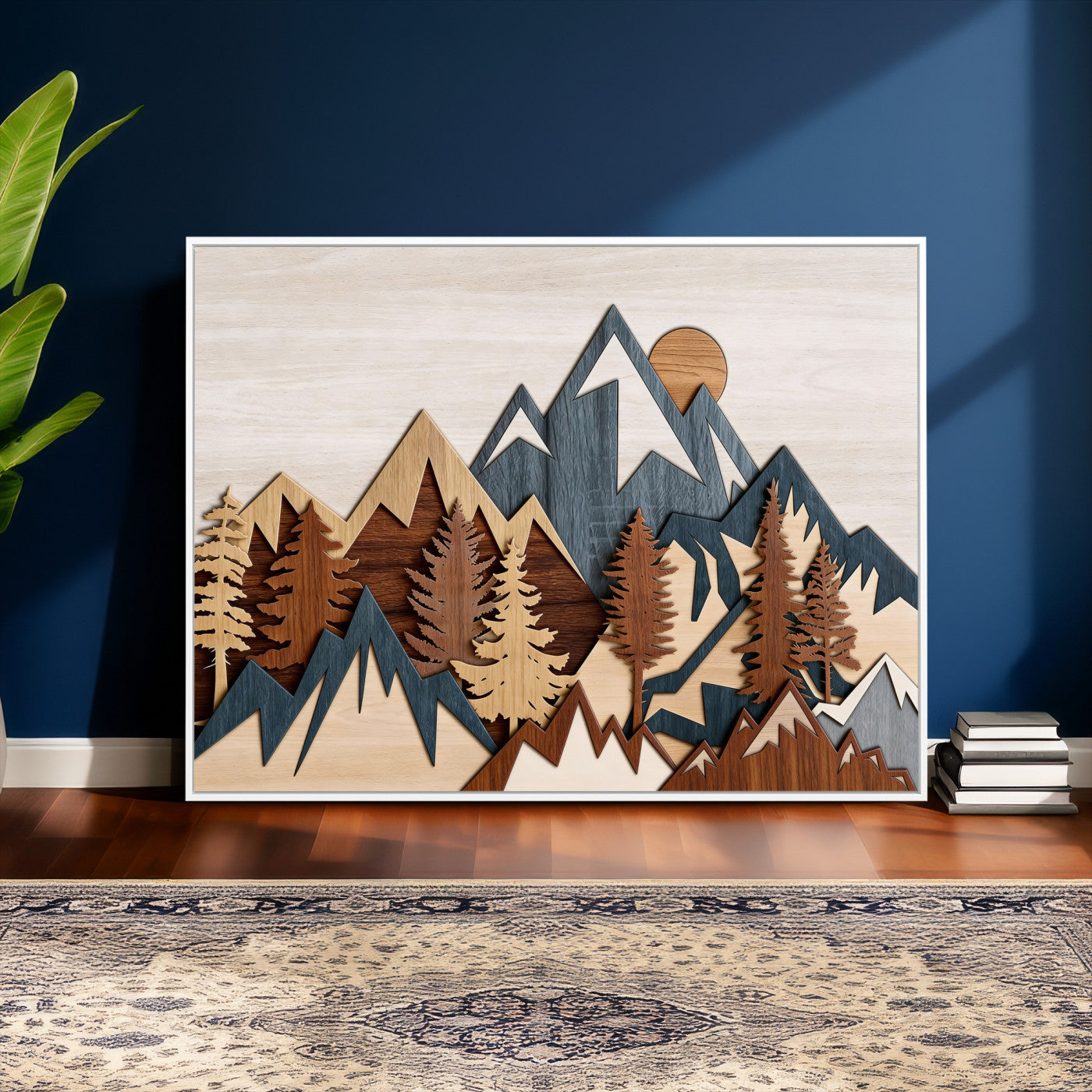 67950-MGV-CV-36X24 - Rustic Abstract Wood Panel Effect Canvas Mountain Range Top Wood Wall Art Canvas Print