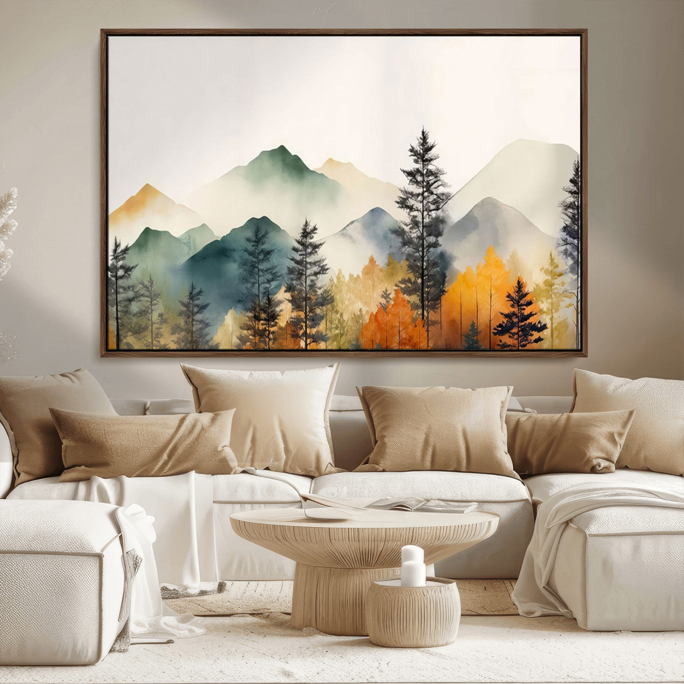 25689-MGV-FC-36X24_Walnut-Abstract Watercolor Mountains and Trees Autumn Wall Art, Mountains and Trees Autumn Wall Art Canvas