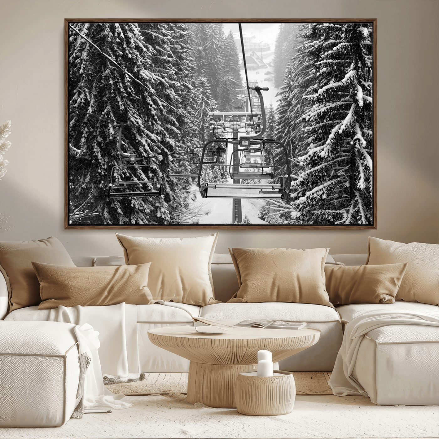 19240-MGV-FC-36X24_Walnut-Winter Ski Lift Black and White Canvas Wall Art – Alpine Escape in Minimalist Style – Winter Ski