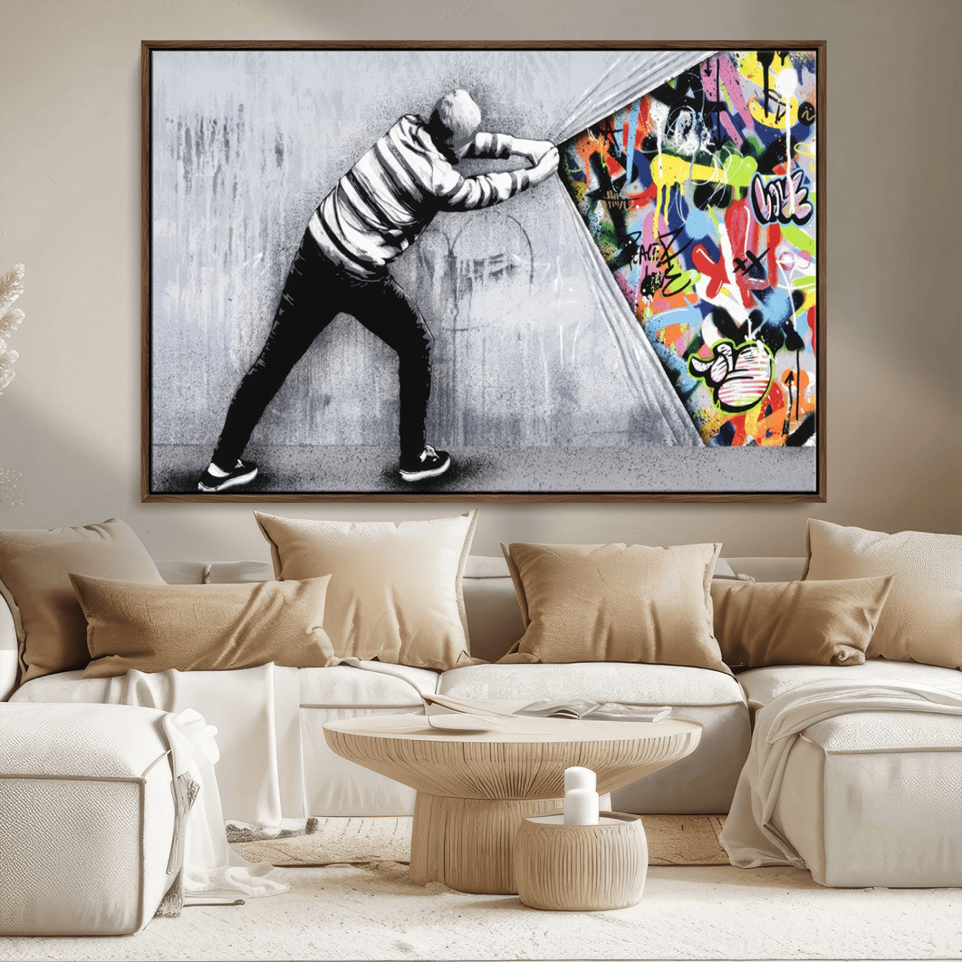 52252-MGV-CV-36X24-Banksy Art Behind the Curtain Street Wall Art Canvas Print | 3-Panel Urban Graffiti-Inspired Wall